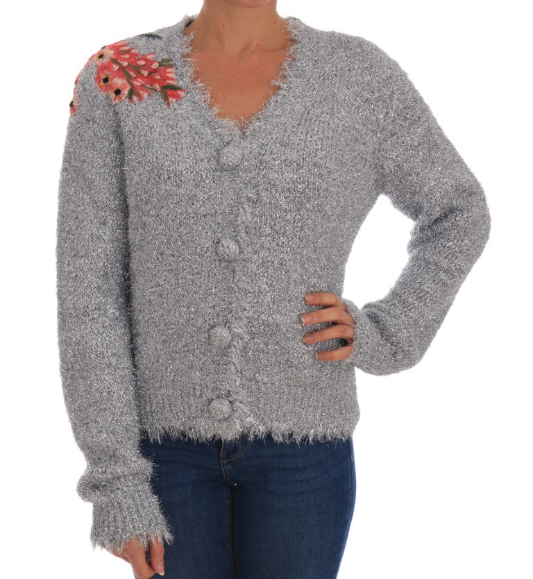 Pull en cachemire gris Dolce & Gabbana avec appliqué floral, cardigan élégant à manches longues.