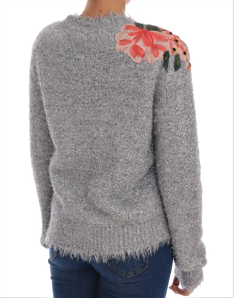 Cardigan en argent Dolce & Gabbana avec appliqué floral, pull en maille élégant et sophistiqué.