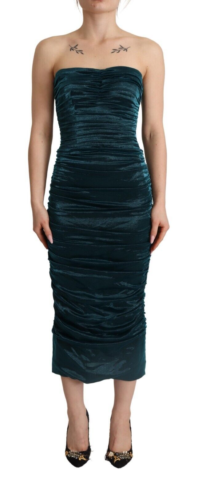 Robe midi bustier turquoise Dolce & Gabbana avec drapé élégant et détail de corsage sophistiqué.