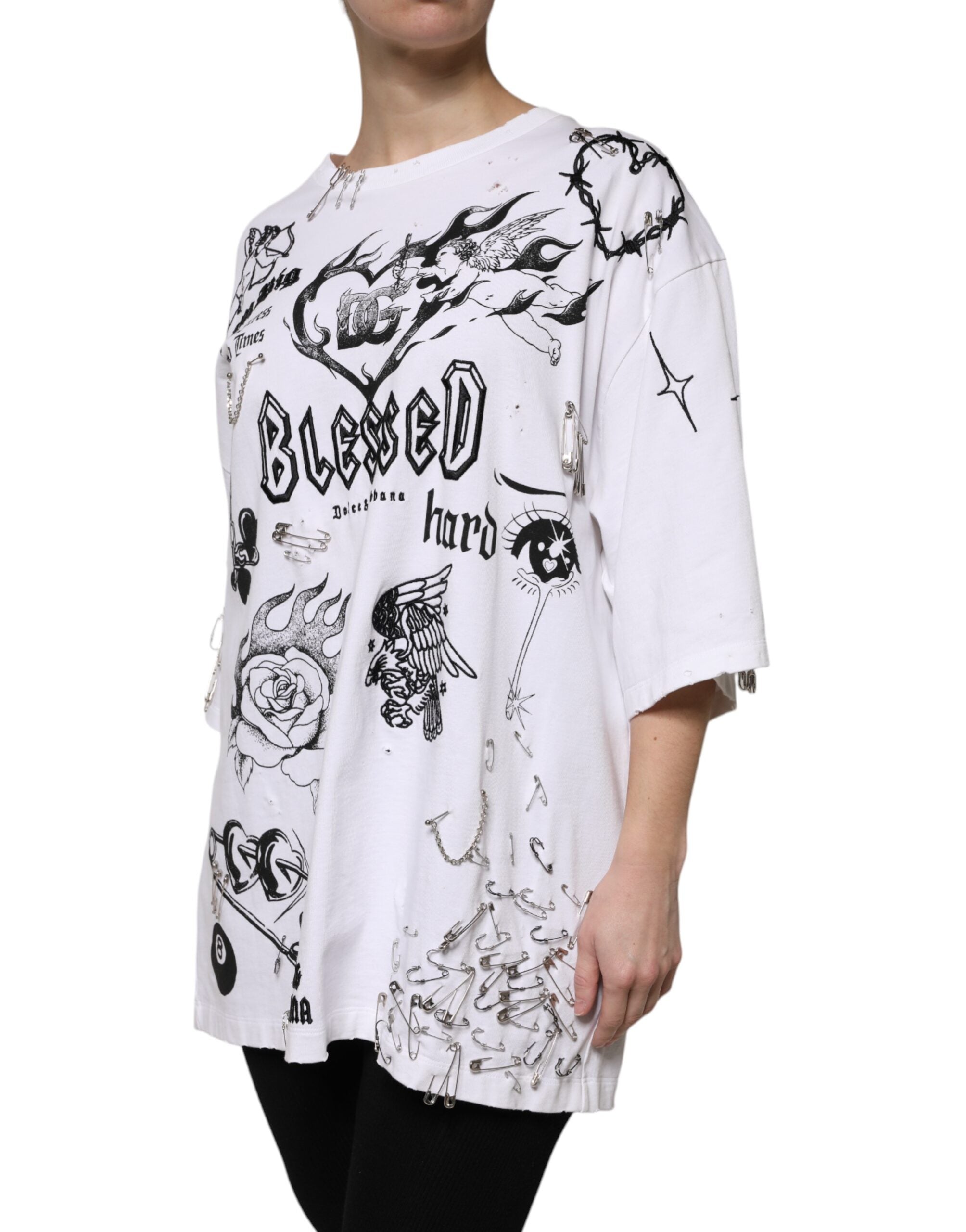 T-shirt blanc en coton Dolce & Gabbana DG BLESSED avec imprimé, vue de face, détail du style décontracté et logo visible.