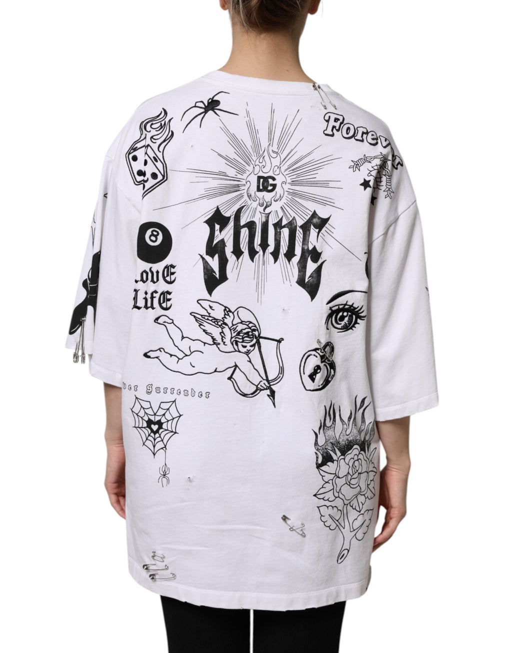 T-shirt blanc en coton Dolce & Gabbana DG BLESSED imprimé, vue de face, détail du design et du logo.