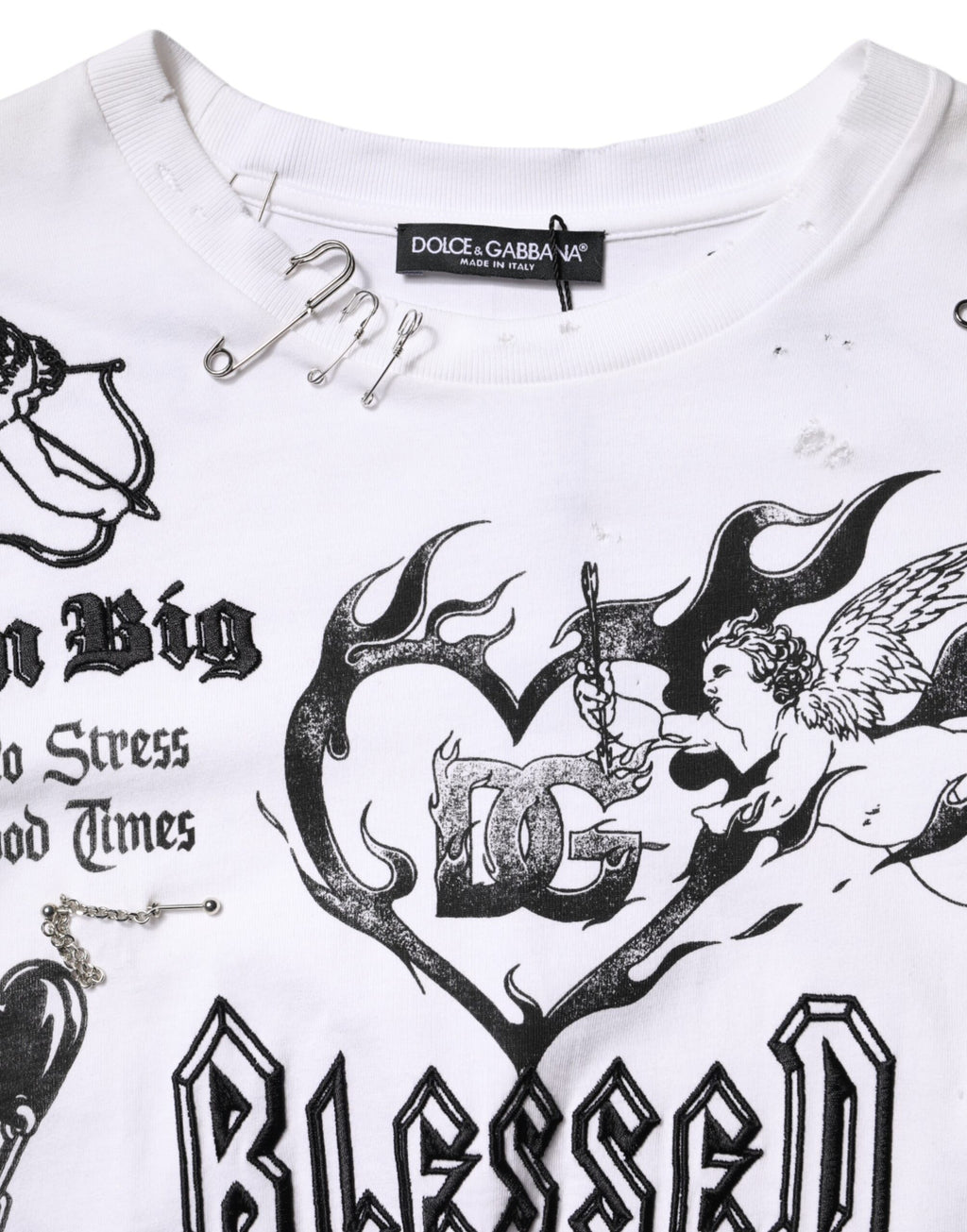 T-shirt blanc en coton Dolce & Gabbana DG BLESSED imprimé, vue de face avec logo visible.