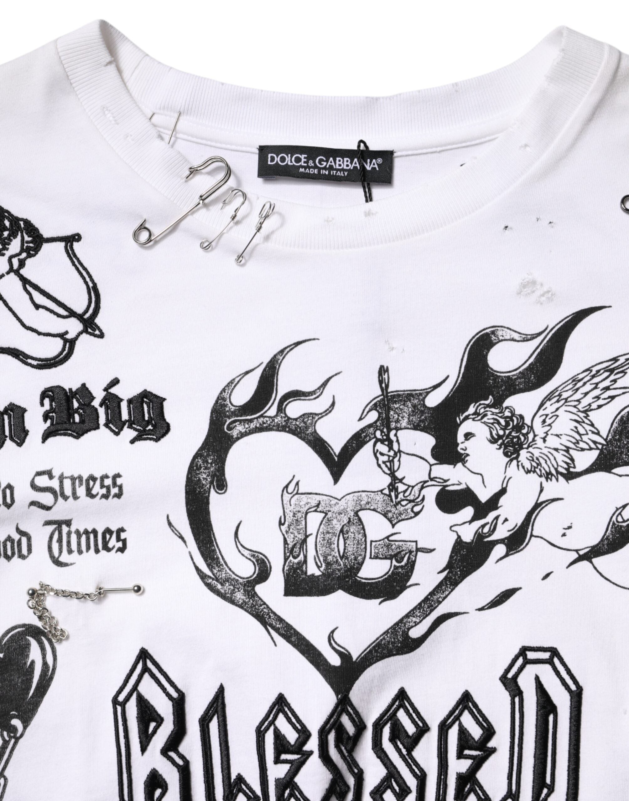 T-shirt blanc en coton Dolce & Gabbana DG BLESSED imprimé, vue de face avec logo visible.