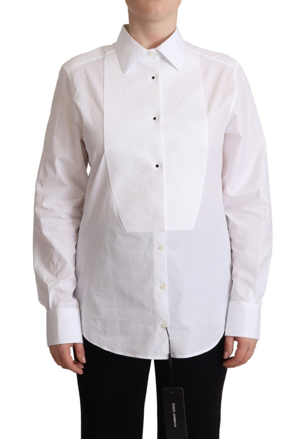 Chemise blanche en coton Dolce & Gabbana à col et manches longues, vêtement élégant pour femmes.