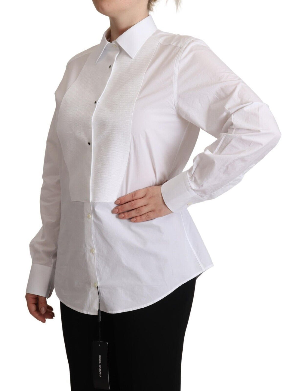 Chemise blanche en coton Dolce & Gabbana avec col et manches longues, vêtement élégant pour femme.