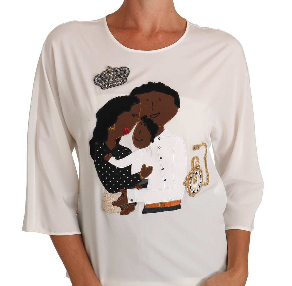 T-shirt en soie blanche Dolce & Gabbana avec cristaux #dgfamily, vue de face, détails élégants et finition raffinée.