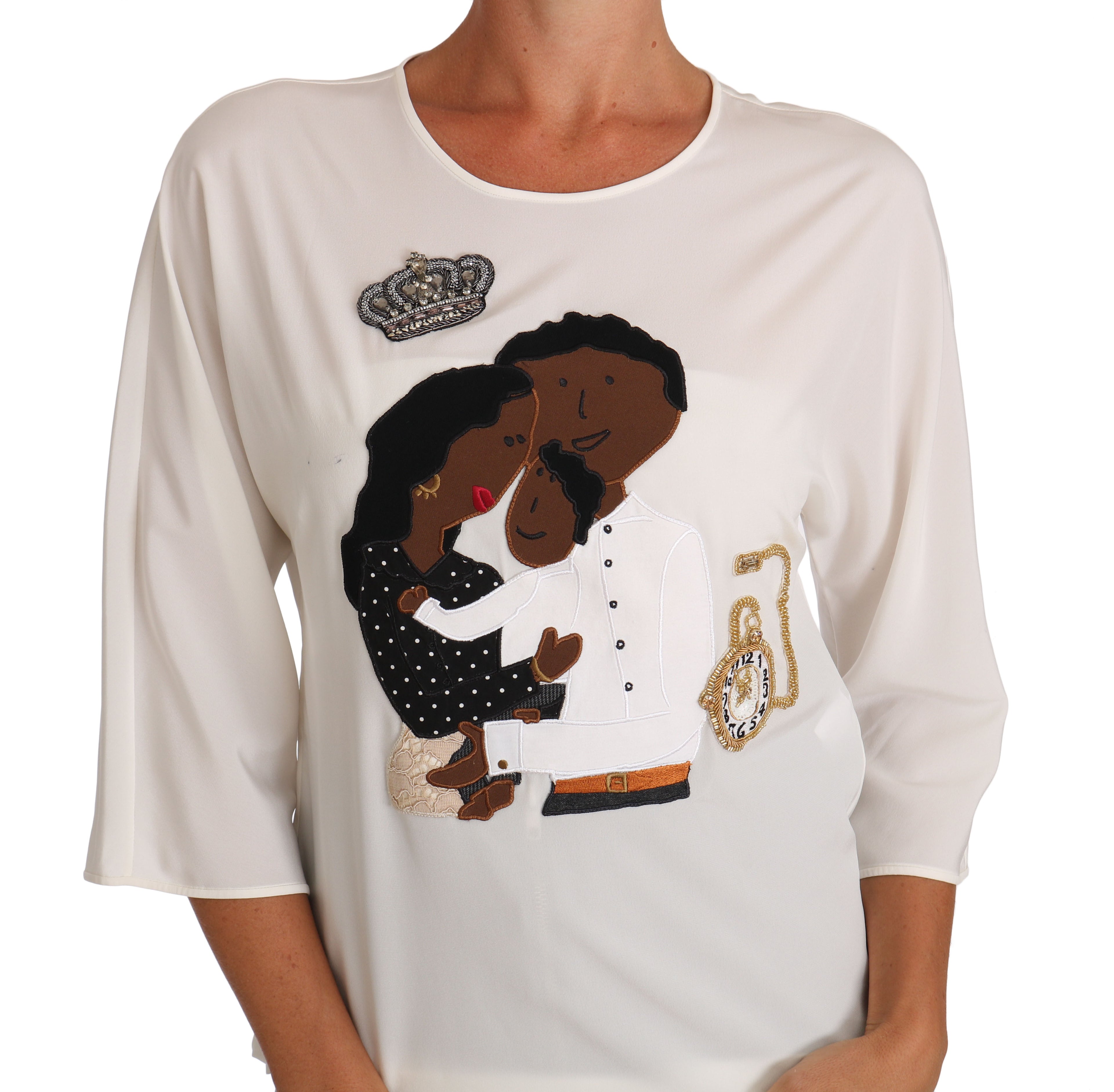 T-shirt en soie blanche Dolce & Gabbana avec cristaux #dgfamily, vue de face, détails élégants et finition raffinée.