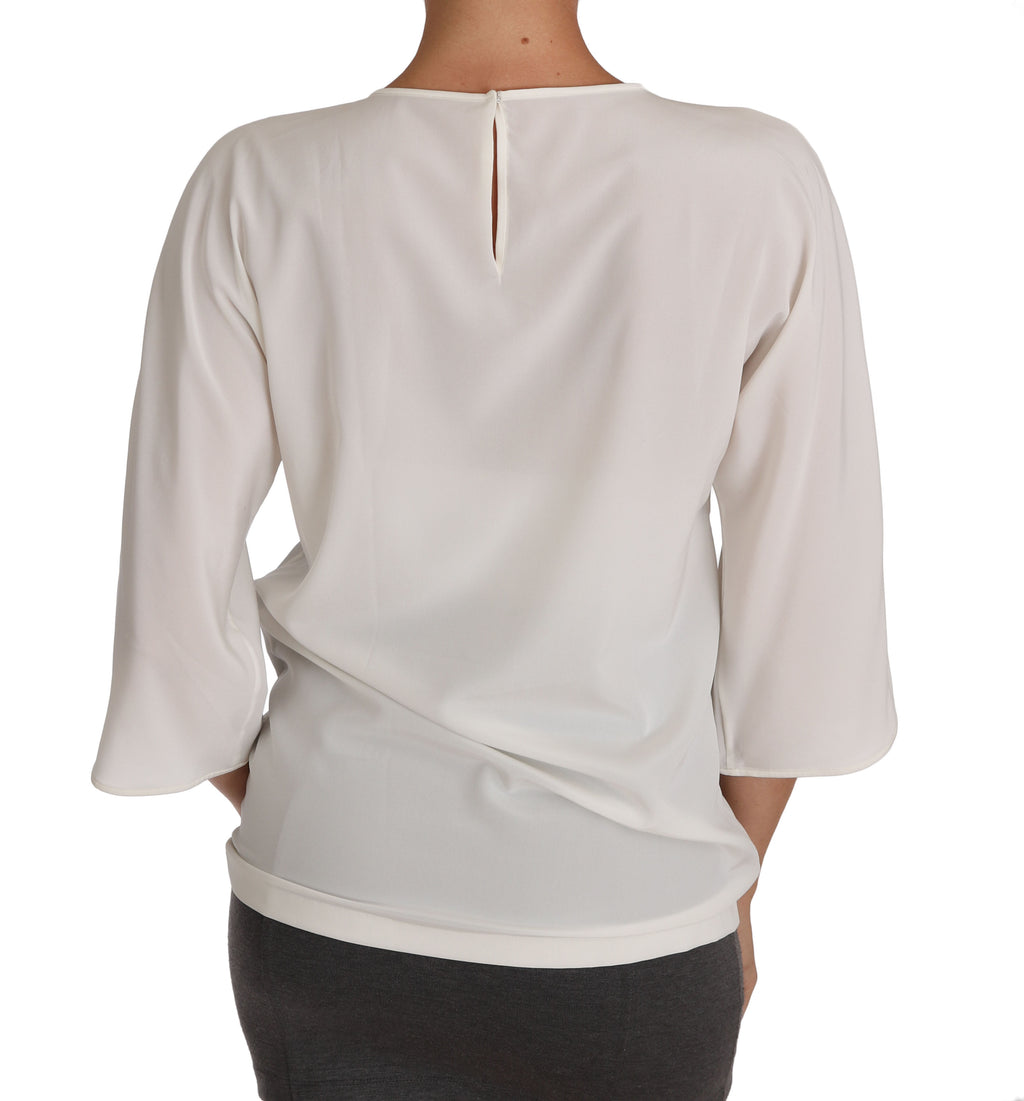 T-shirt en soie blanche Dolce & Gabbana avec détails en cristal de la collection #dgfamily, vue de face.