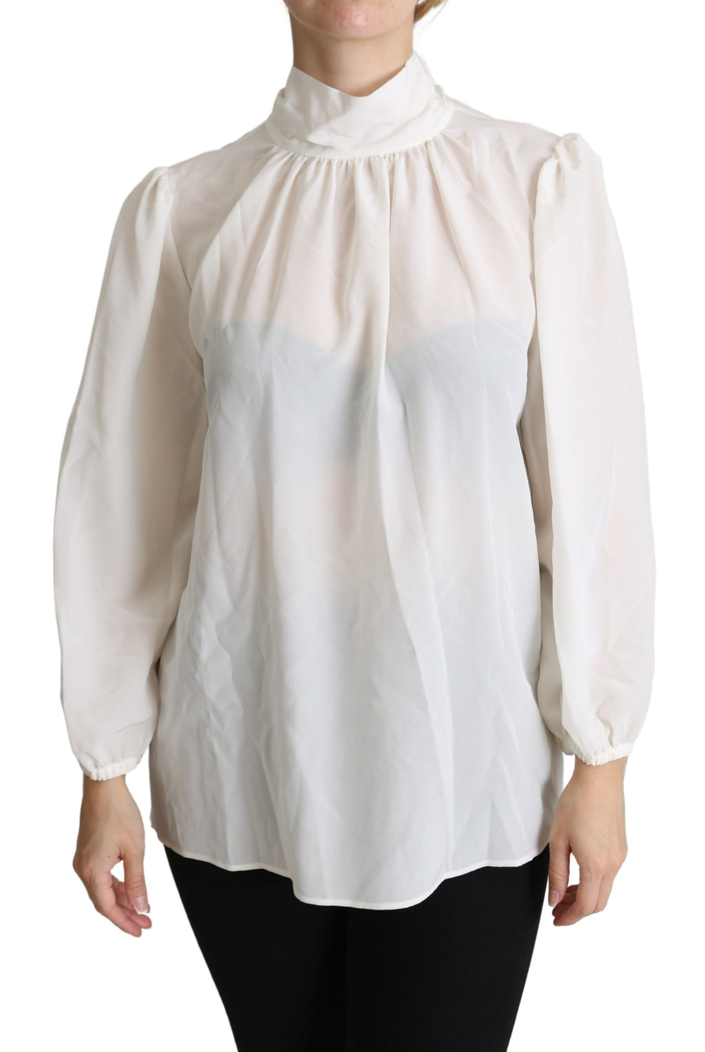 Chemise blanche en soie Dolce & Gabbana avec nœud papillon, manches longues et style élégant.