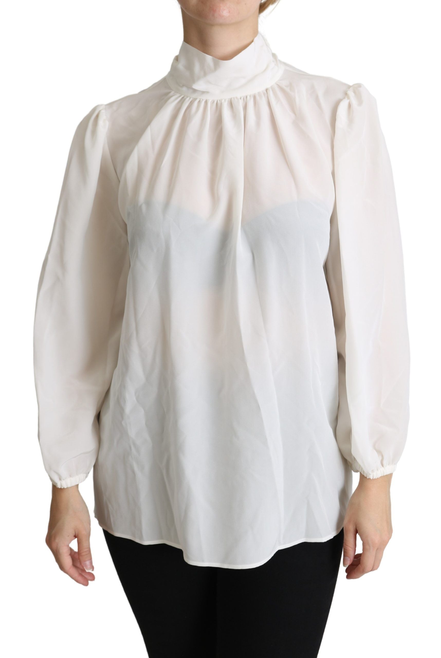 Chemise blanche en soie Dolce & Gabbana avec nœud papillon, manches longues et style élégant.