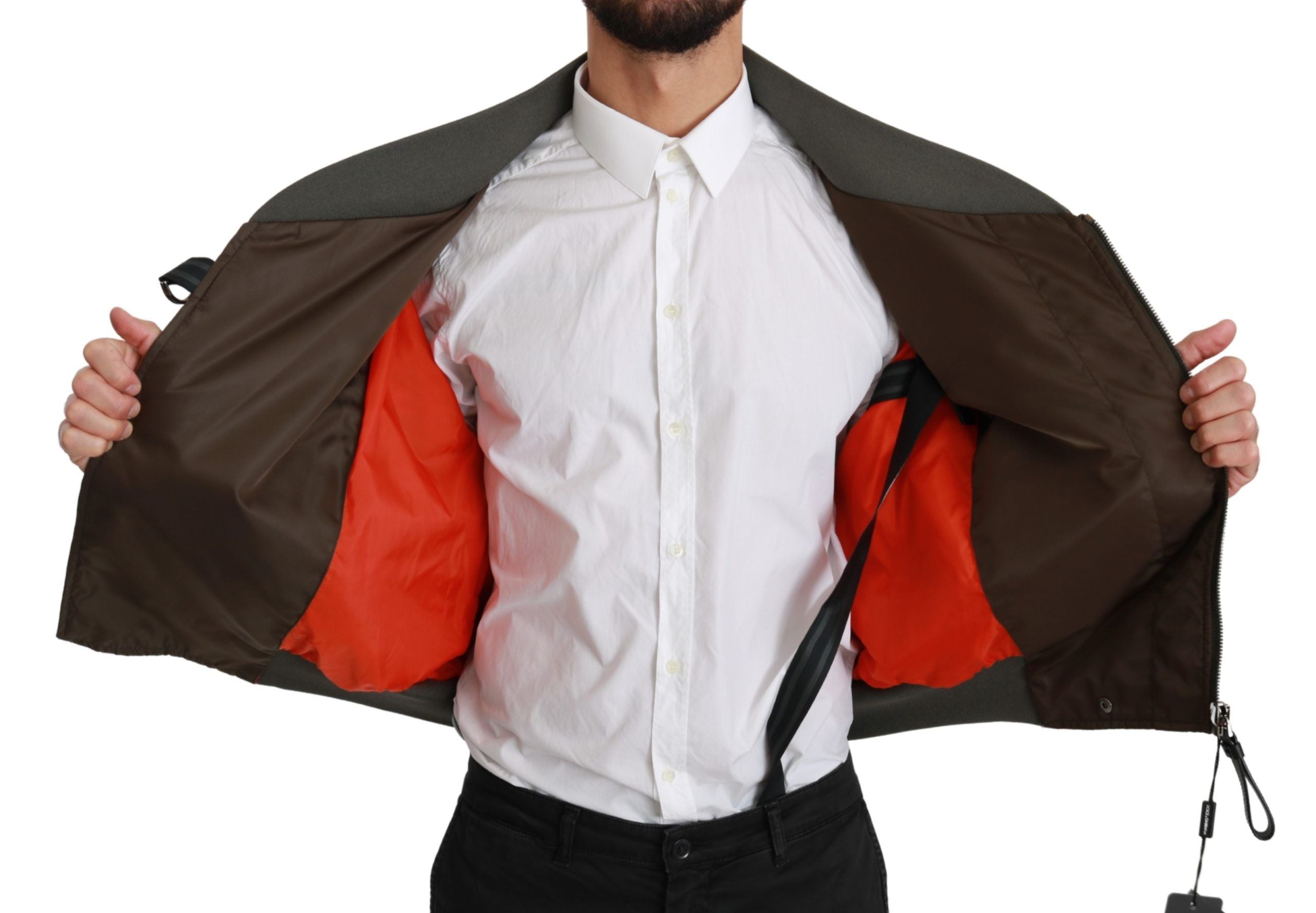 Veste Dolce & Gabbana marron avec logo crâne brodé, détails perlés et style audacieux, vue frontale.