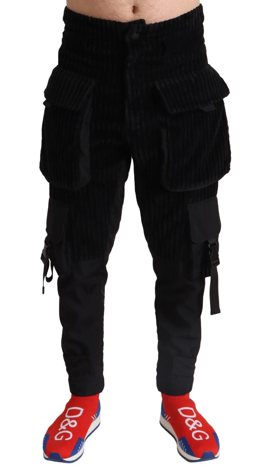 Pantalons cargo skinny en coton noir de Dolce & Gabbana, coupe ajustée, détails en corduroy élégant, pour homme ou femme.