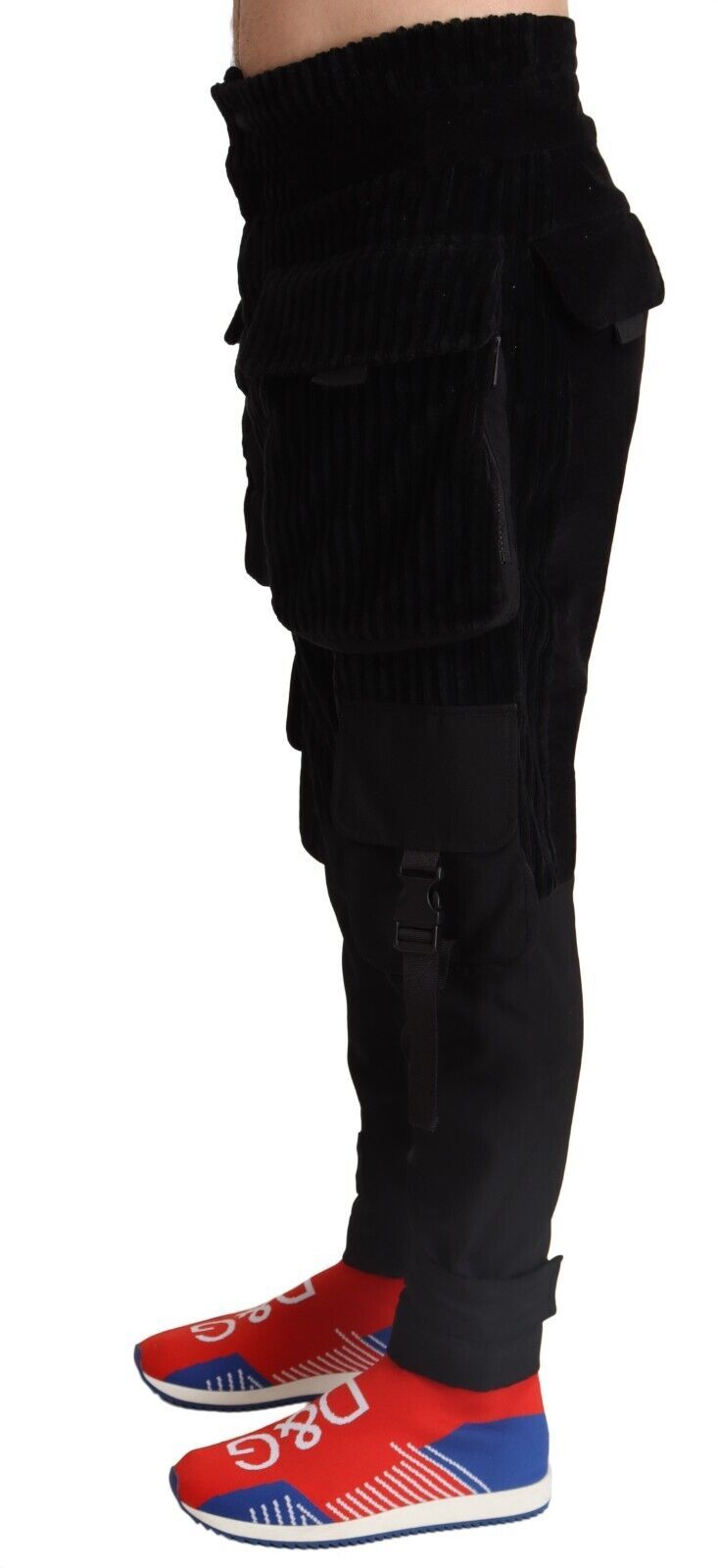 Pantalons cargo skinny en coton noir de Dolce & Gabbana, coupe ajustée, avec détails en corduroy.