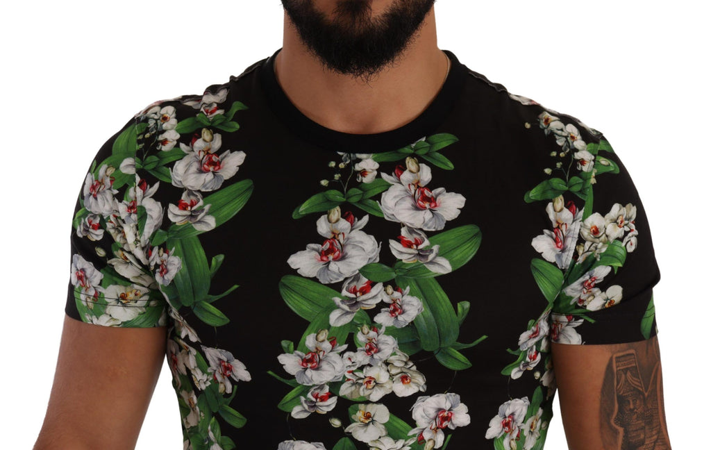 T-shirt Dolce & Gabbana à col rond noir avec imprimé floral, tissu léger et design élégant.
