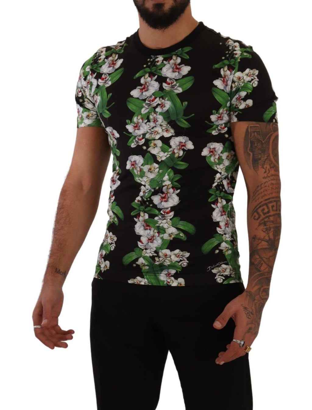 T-shirt à col rond Dolce & Gabbana noir avec imprimé floral, style décontracté et élégant.