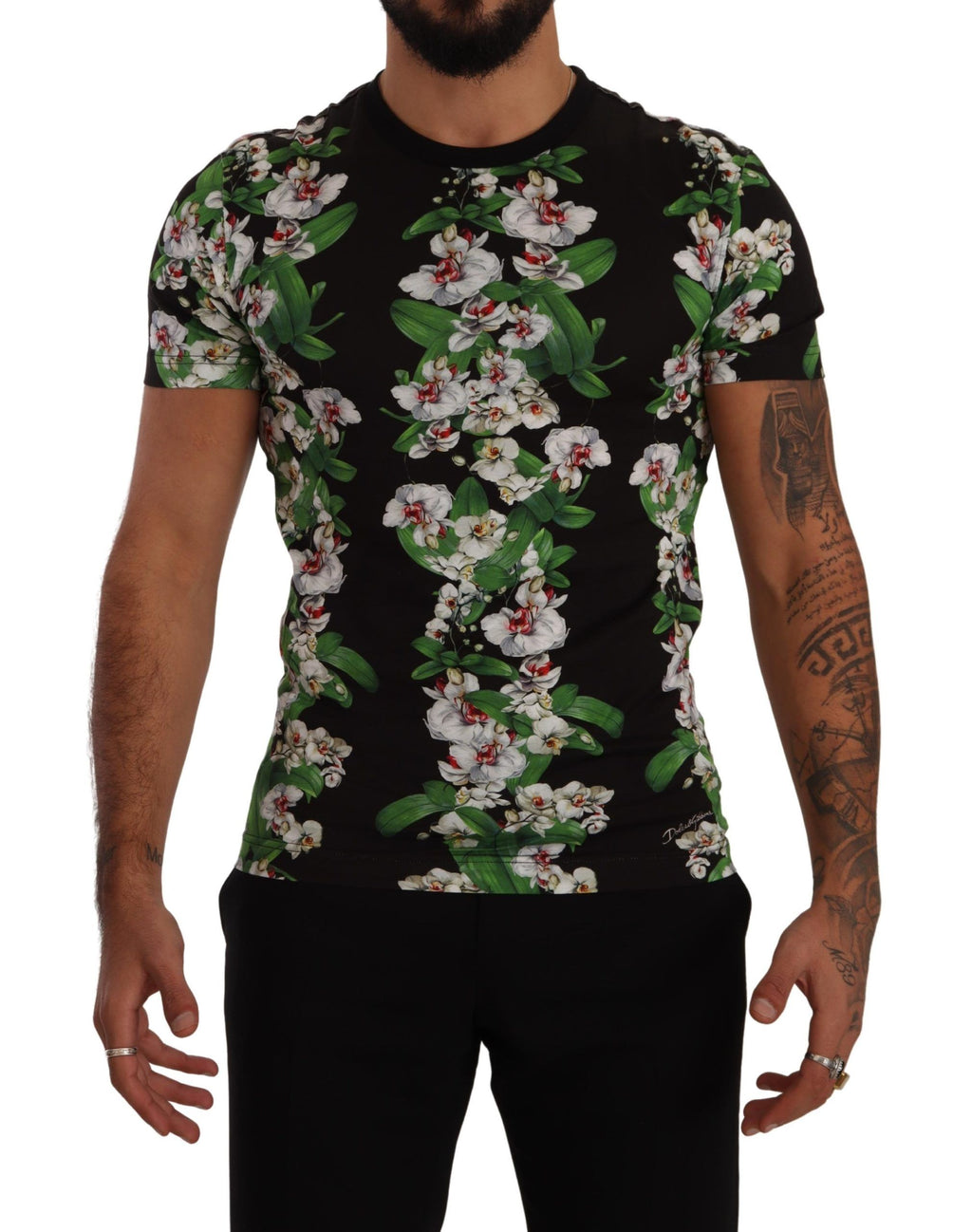 T-shirt Dolce & Gabbana à col rond noir avec imprimé floral, en coton, visible sur le mannequin.