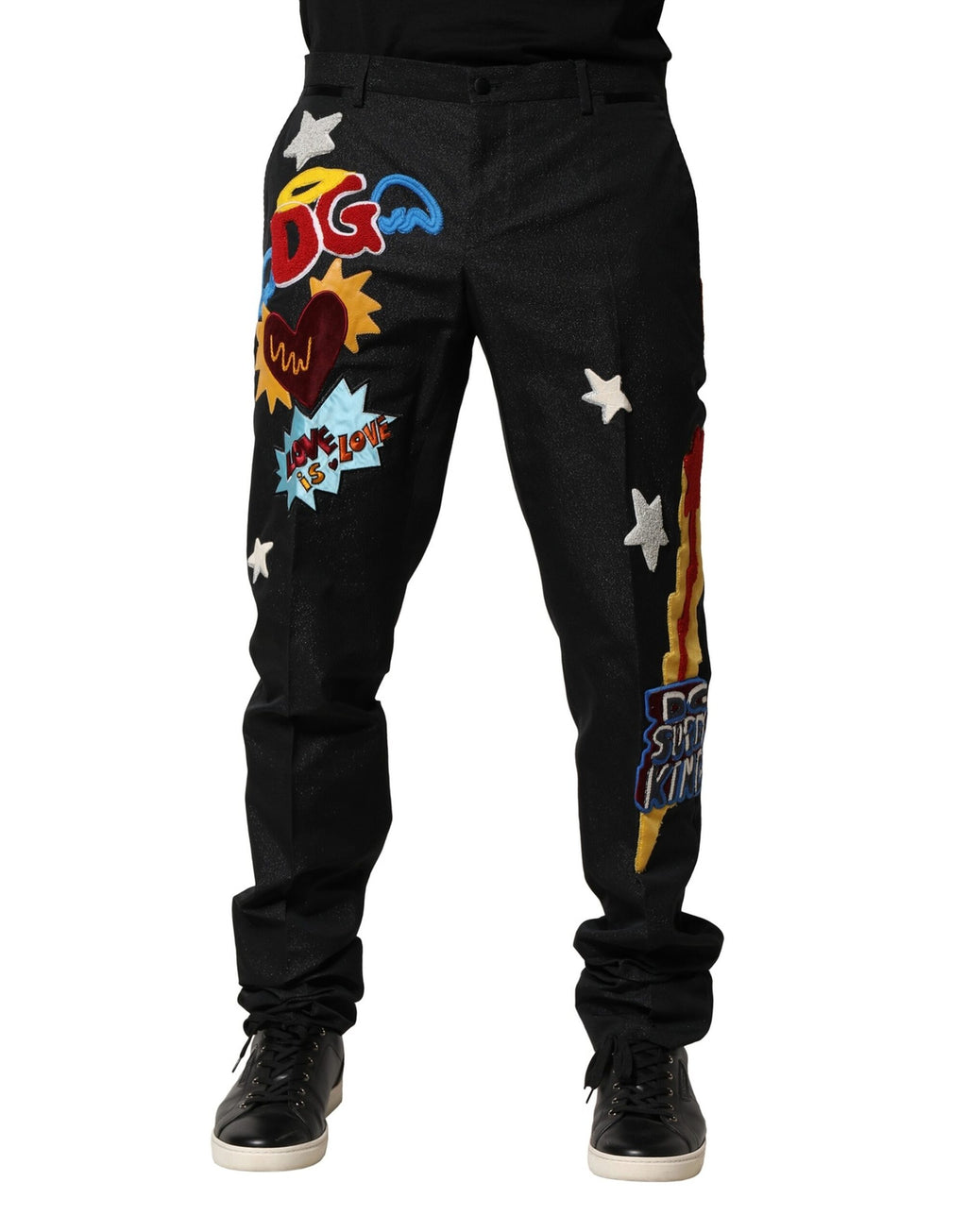 Pantalon pour homme Dolce & Gabbana noir avec broderie graphique et détails élégants, style moderne et sophistiqué.