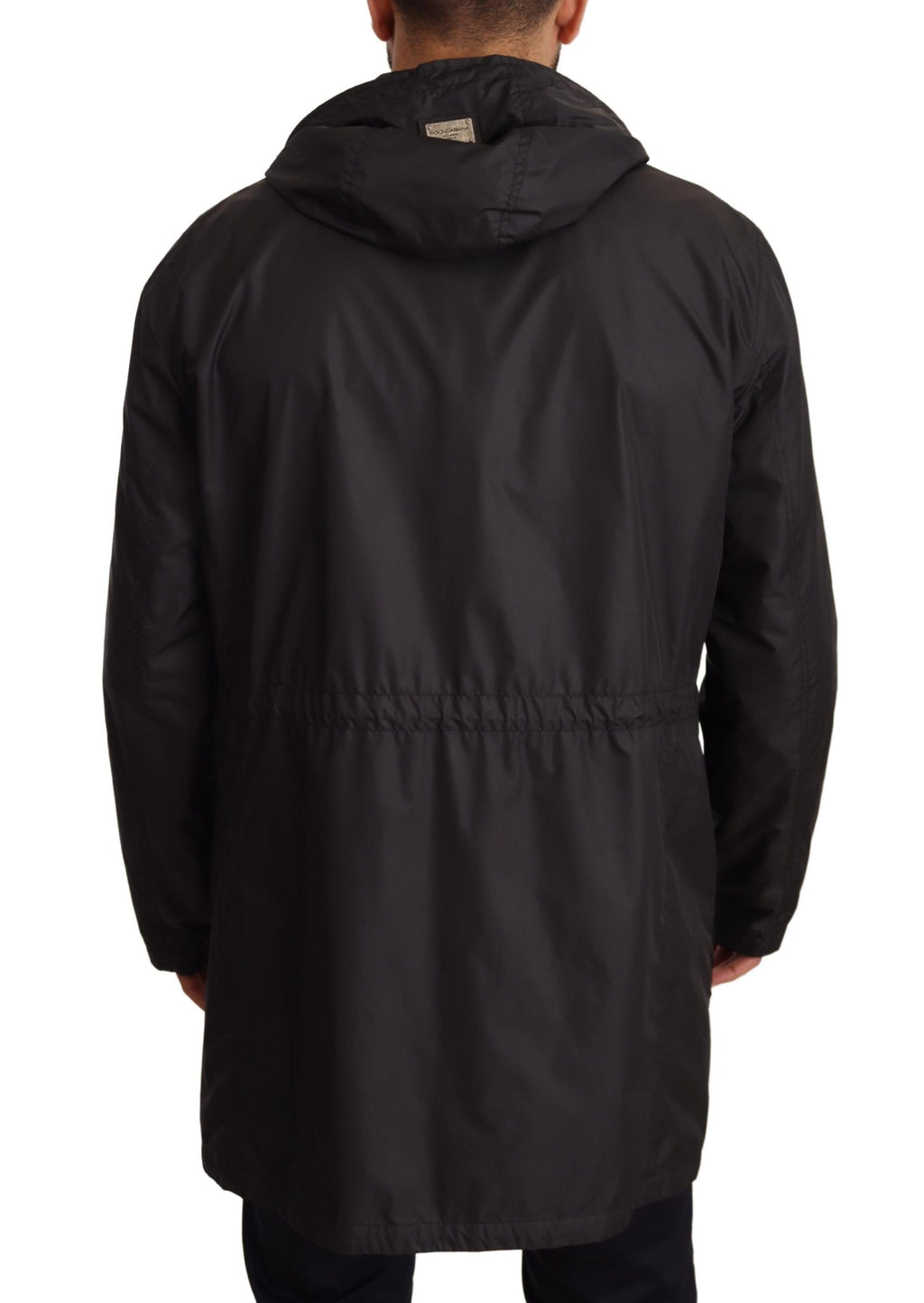 Veste trench noire pour homme avec capuche de la marque Dolce & Gabbana, détails du tissu et design élégant visible.