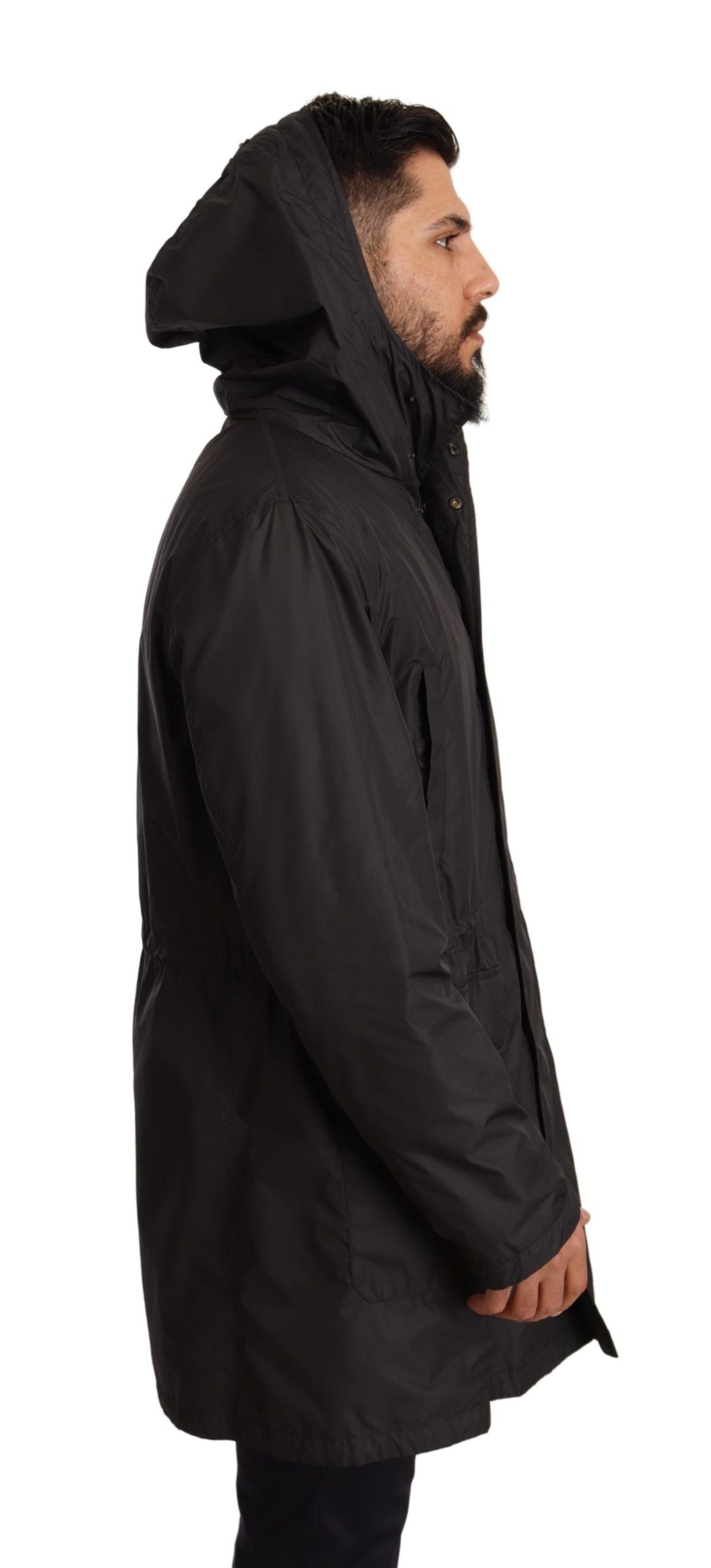 Manteau trench noir avec capuche pour homme de Dolce & Gabbana, veste élégante en tissu léger avec détails sophistiqués.