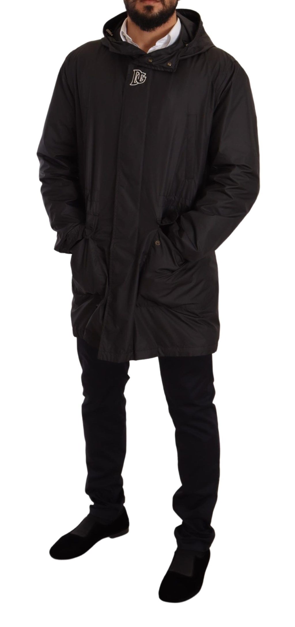Manteau trench homme noir à capuche de la marque Dolce & Gabbana, veste élégante avec détails modernes.