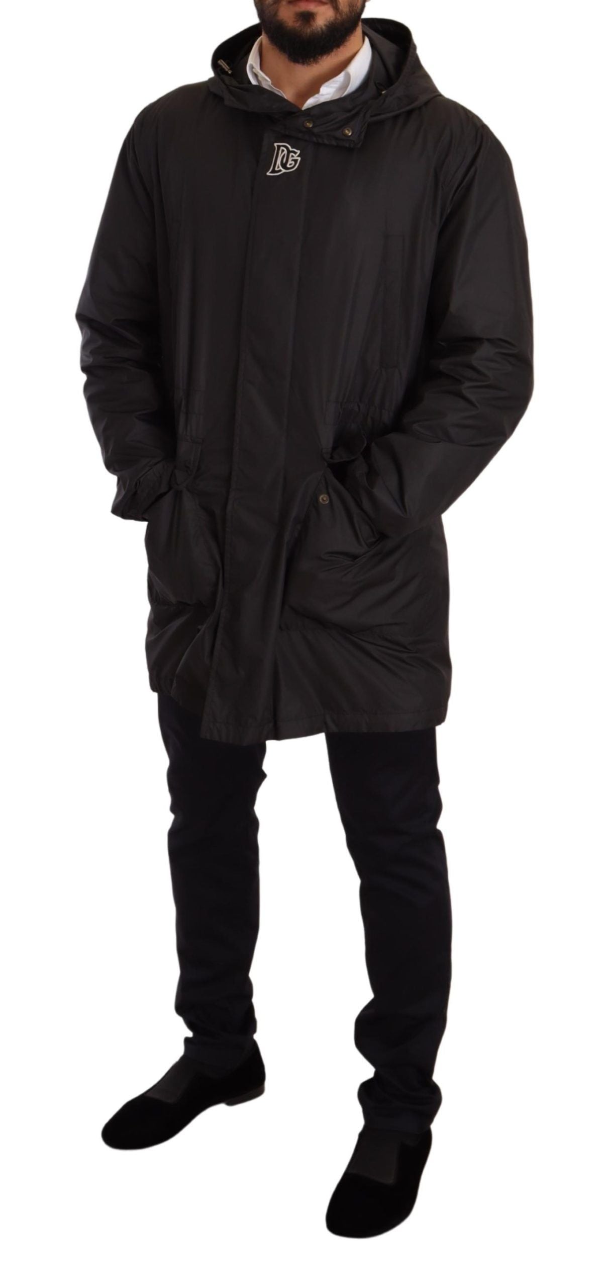 Manteau trench homme noir à capuche de la marque Dolce & Gabbana, veste élégante avec détails modernes.