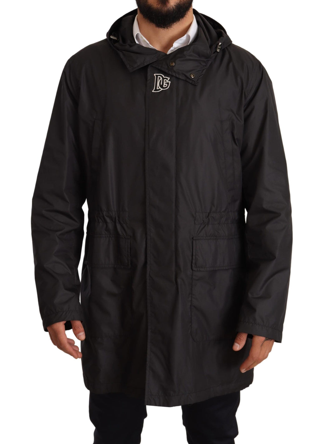 Veste trench noire pour homme de Dolce & Gabbana avec capuche, style élégant et coupe classique, vue de face.