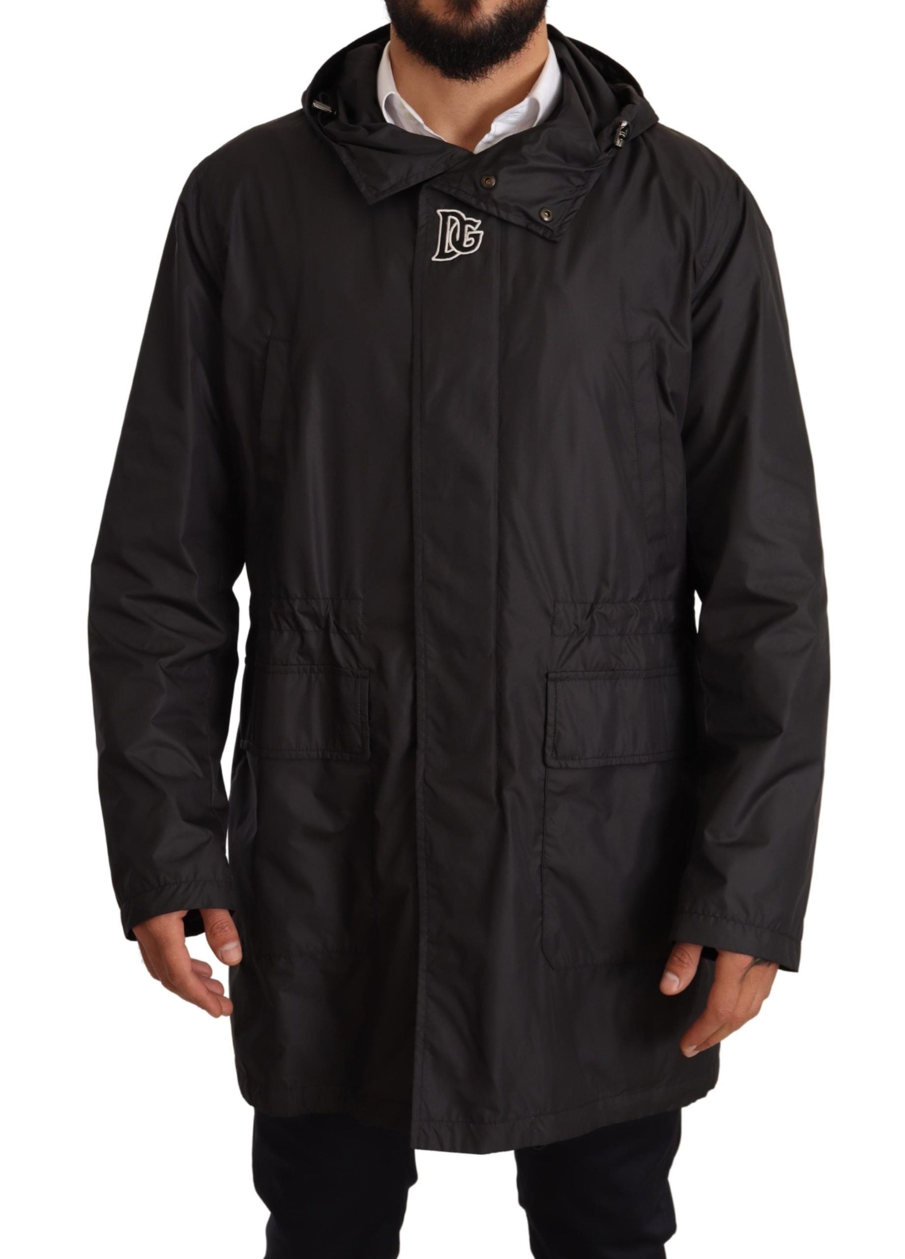 Veste trench noire pour homme de Dolce & Gabbana avec capuche, style élégant et coupe classique, vue de face.