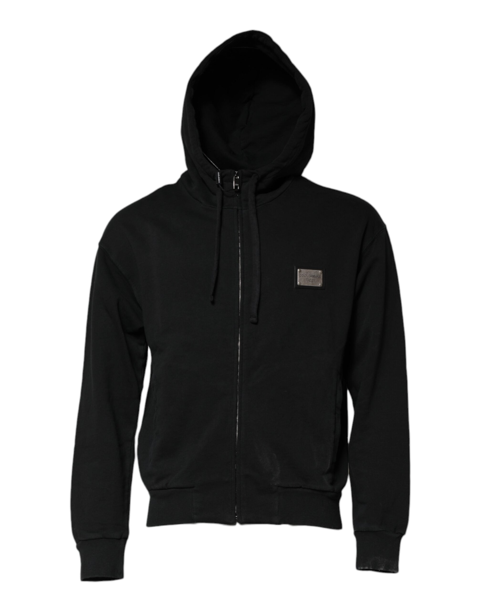 Sweat à capuche noir Dolce & Gabbana pour hommes avec logo, fermeture éclair intégrale, tissu confortable et style décontracté.