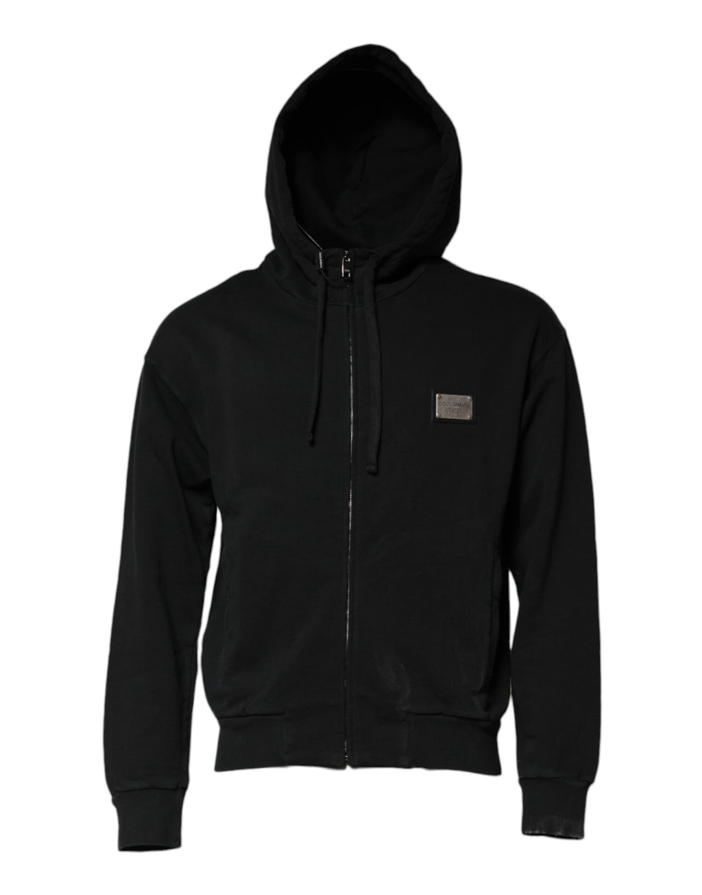 Sweat à capuche noir Dolce & Gabbana avec logo, fermeture éclair pleine longueur, pour homme, vue de face.