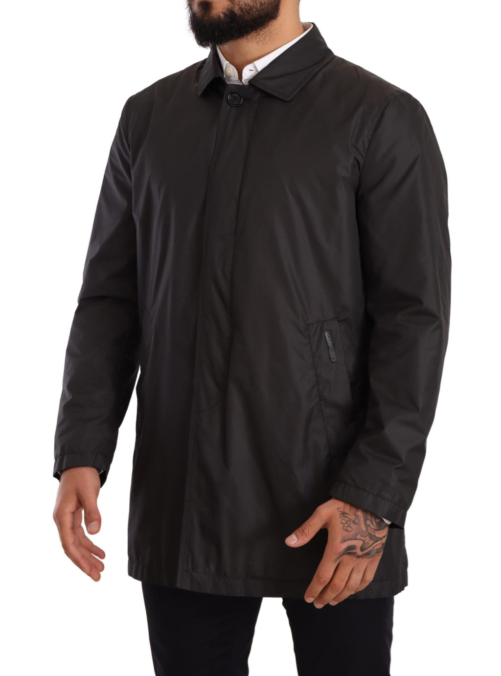 Manteau trench noir en polyester pour homme de Dolce & Gabbana, veste élégante avec ceinture et col classique.