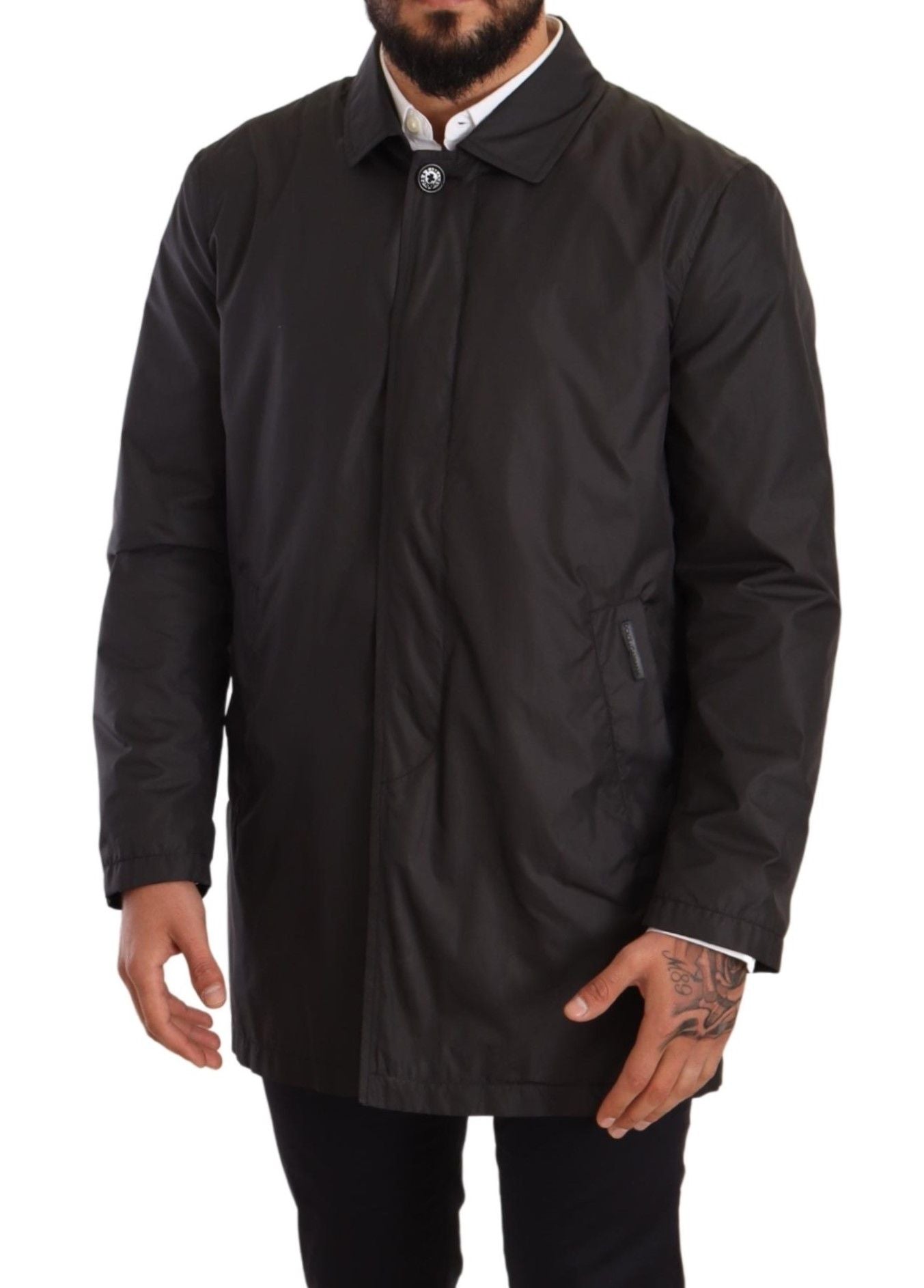 Manteau trench noir en polyester pour homme de Dolce & Gabbana, veste élégante avec ceinture et détails sophistiqués.