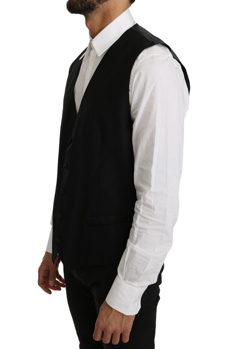 Gilet en laine et soie noire Dolce & Gabbana, veste élégante pour homme ou femme, tissu solide et finition raffinée.