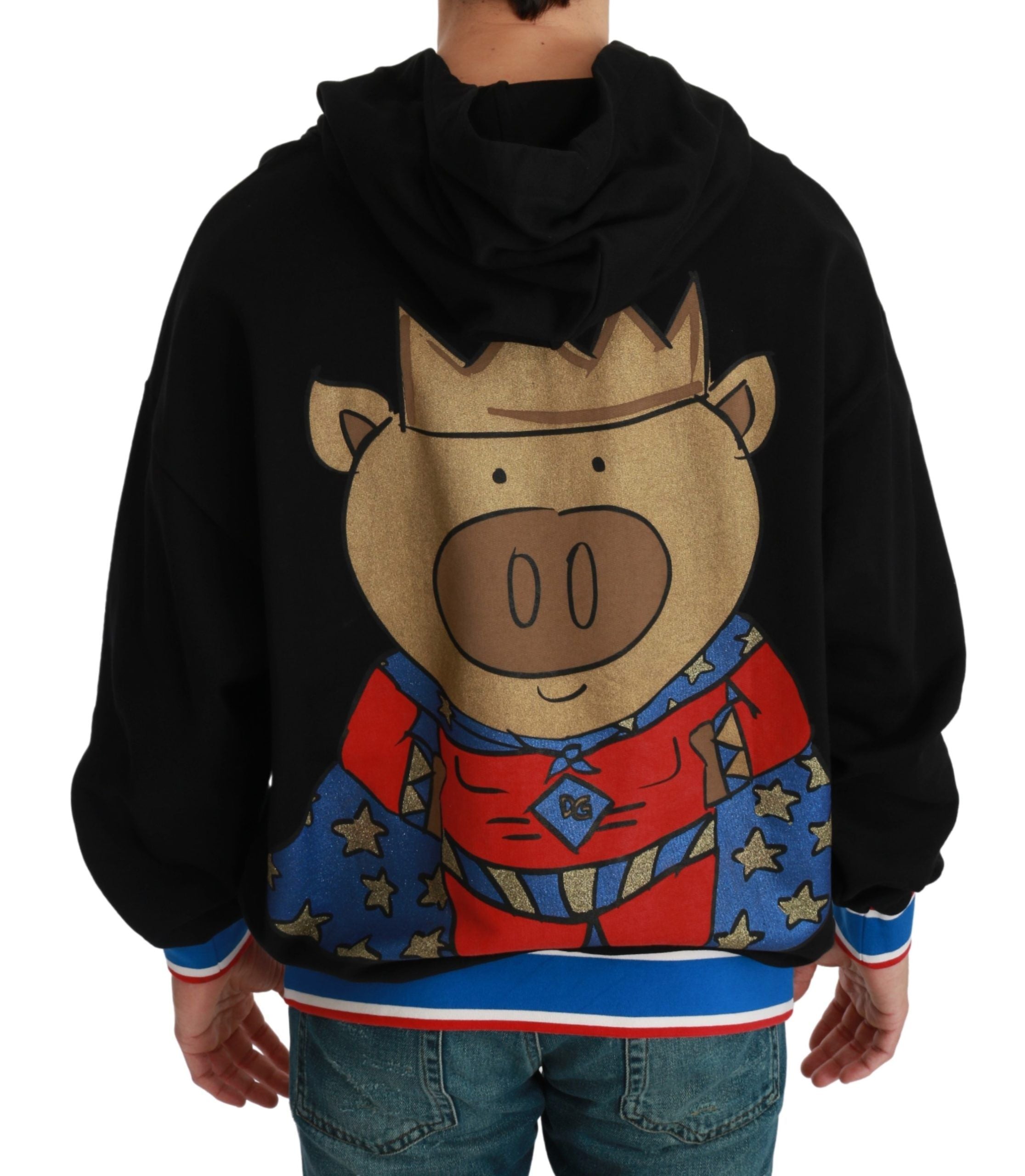 Sweat à capuche noir Dolce & Gabbana Pig of the Year avec motif de cochon, style décontracté et logo de la marque visible.