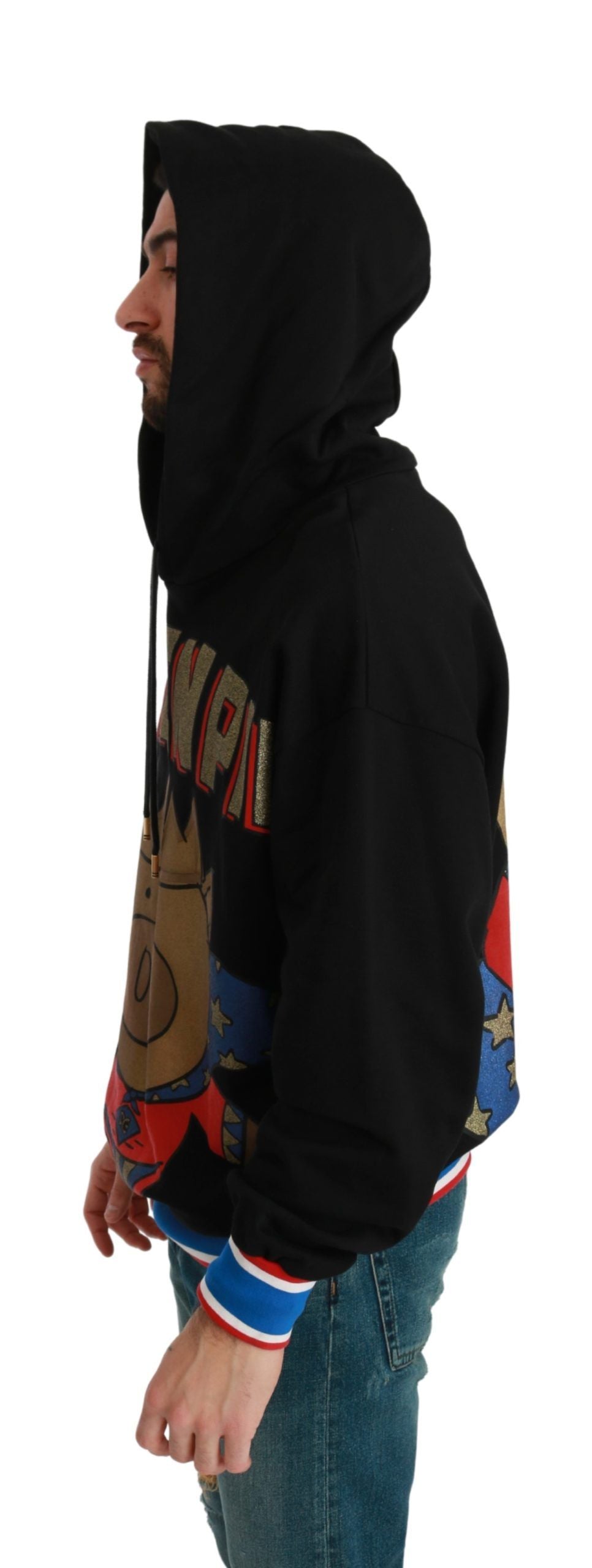 Pull noir Dolce & Gabbana Pig of the Year avec capuche, motif animalier, porté sur mannequin, visible en détail.