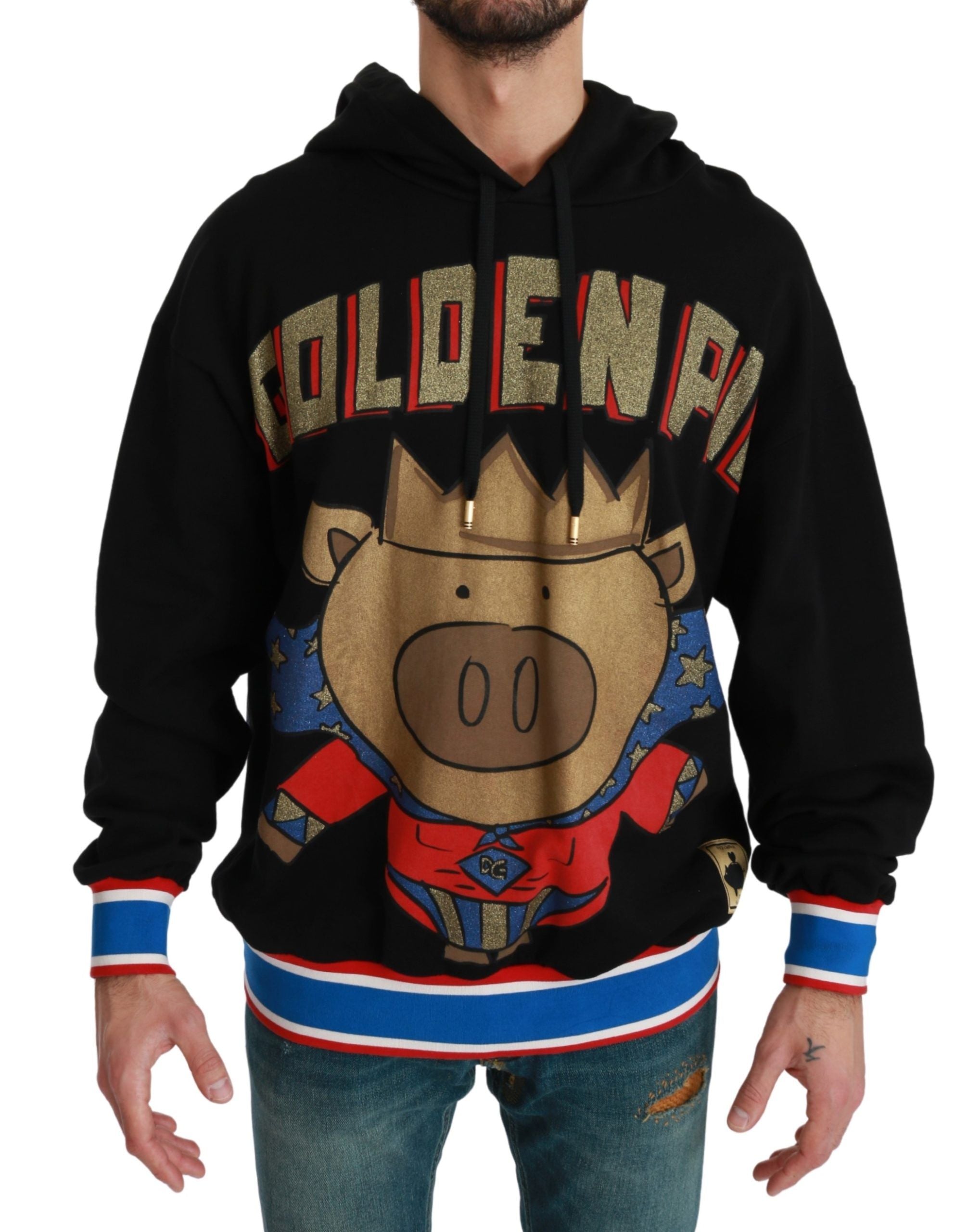 Pull noir Dolce & Gabbana avec capuche et motif cochon du An de l'Année, en coton doux.