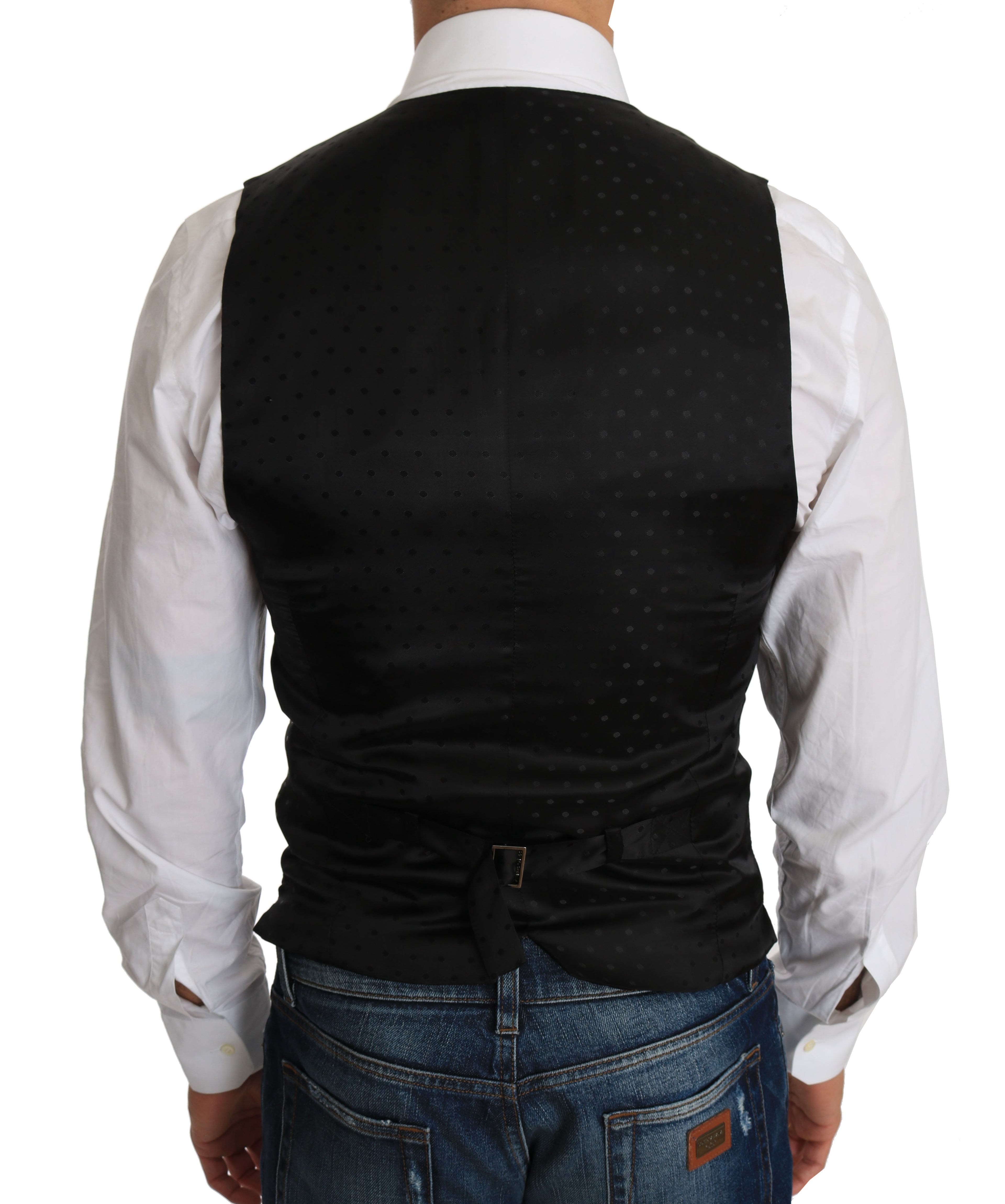 Gilet noir en laine Dolce & Gabbana, veste cintrée élégante avec détails sophistiqués et finition soignée.