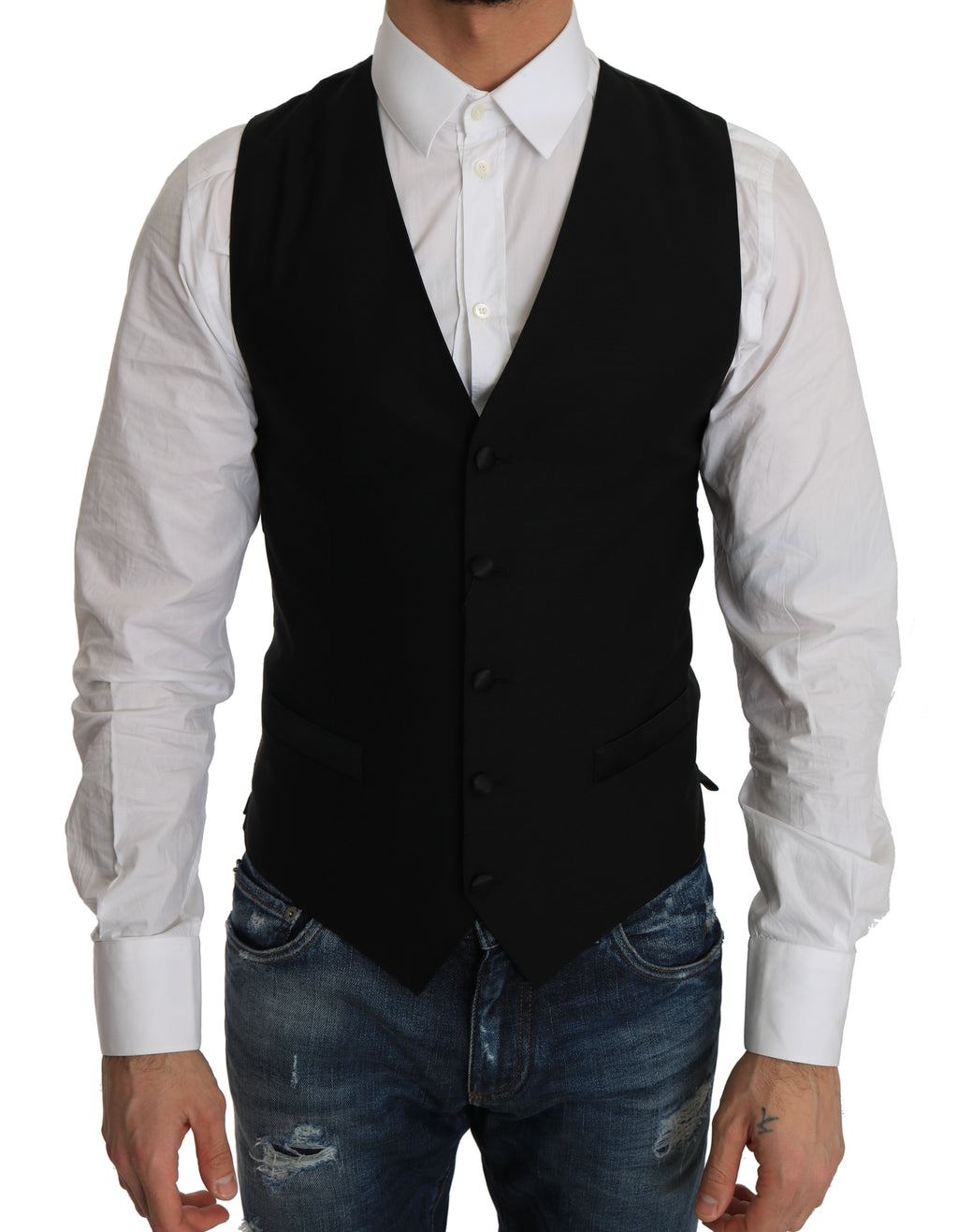 Gilet en laine noir Dolce & Gabbana, veste cintrée élégante avec col en V et détails sophistiqués.