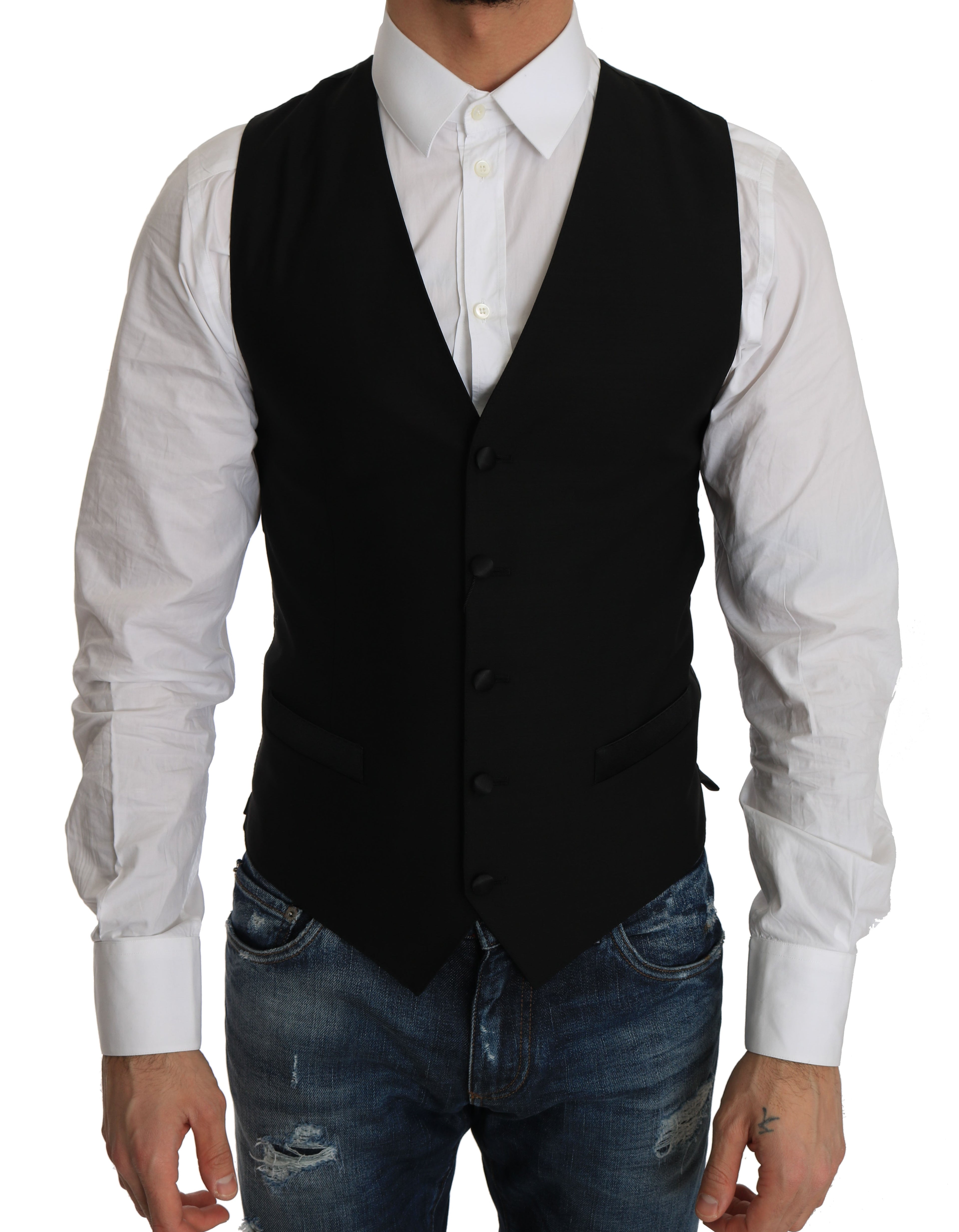 Gilet en laine noir Dolce & Gabbana, veste cintrée élégante avec col en V et détails sophistiqués.