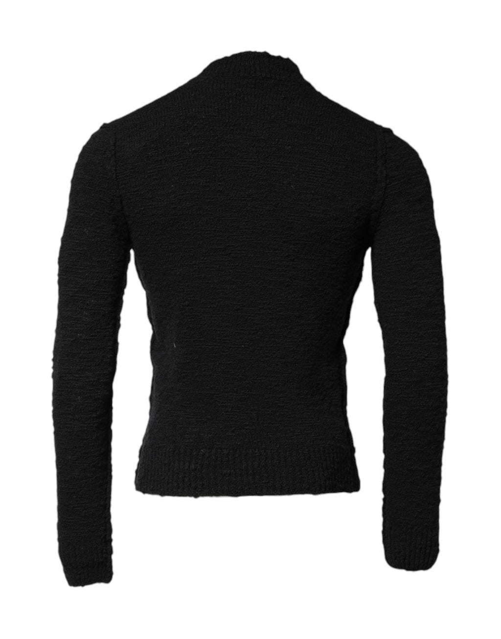 Pull-over noir en laine Dolce & Gabbana à col rond, tricoté, avec texture douce visible sur l'image.