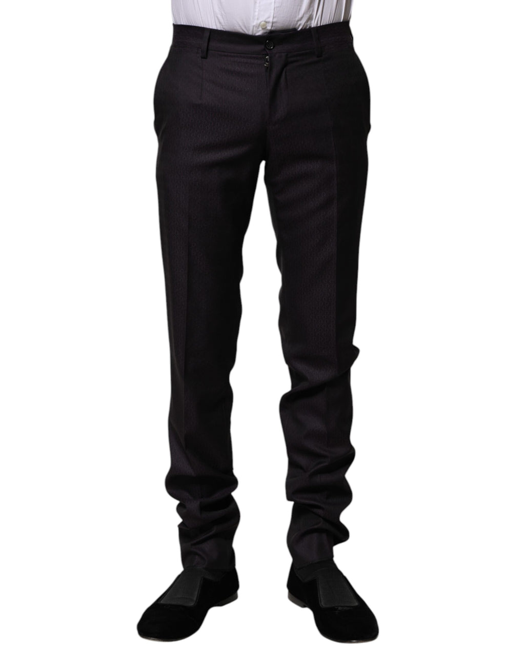 Pantalon formel en laine noire à motif de la marque Dolce & Gabbana, vue de face, détails du tissu élégant visible.