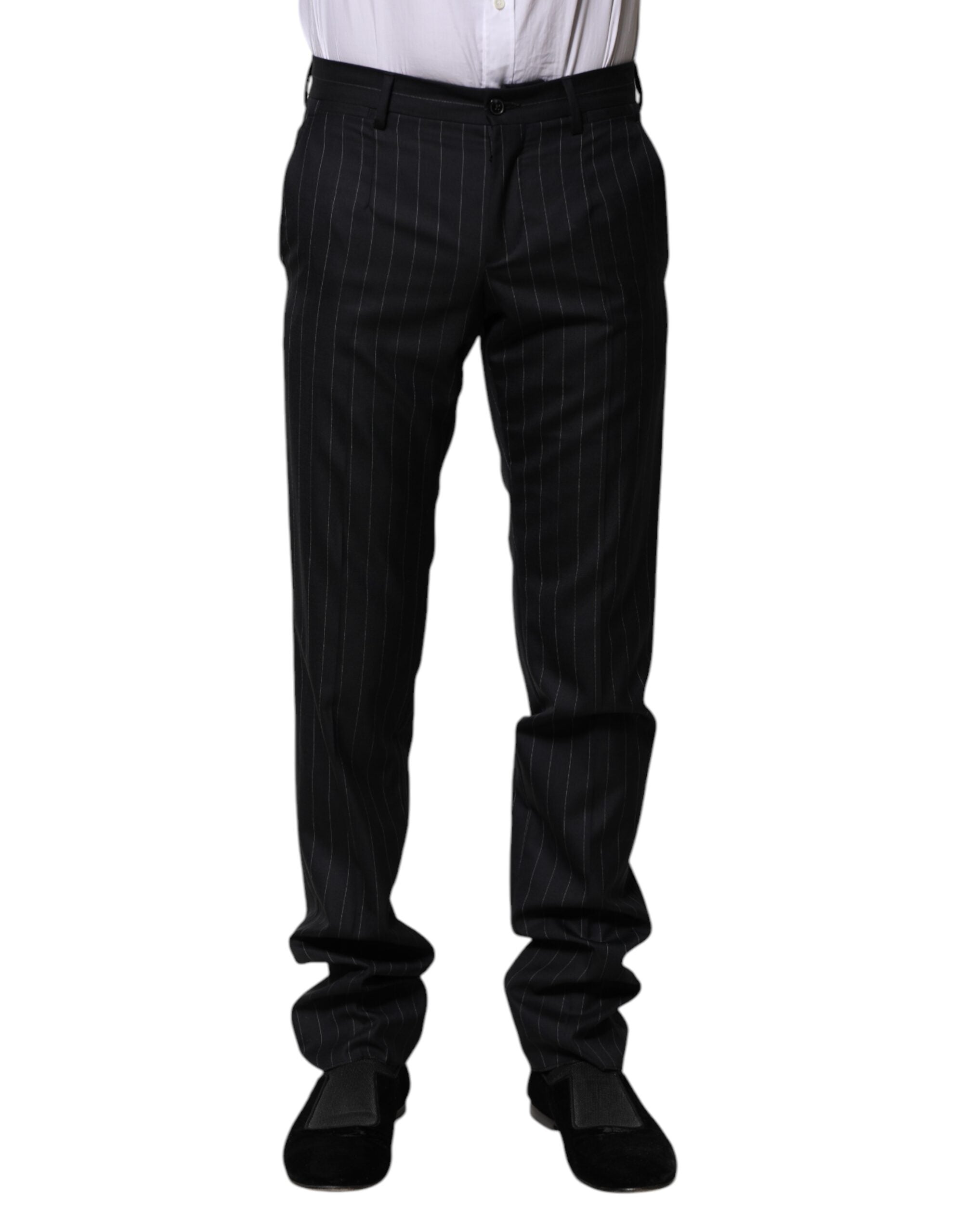 Pantalon formel en laine noire à rayures de Dolce & Gabbana, élégant et sophistiqué pour hommes.