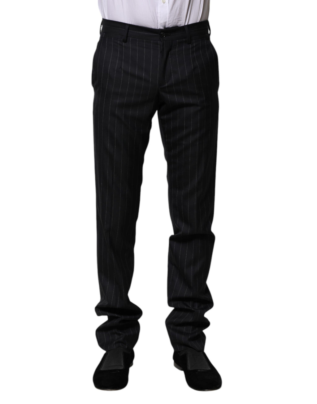 Pantalon formel en laine noire à rayures de Dolce & Gabbana, coupe élégante et détails sophistiqués.