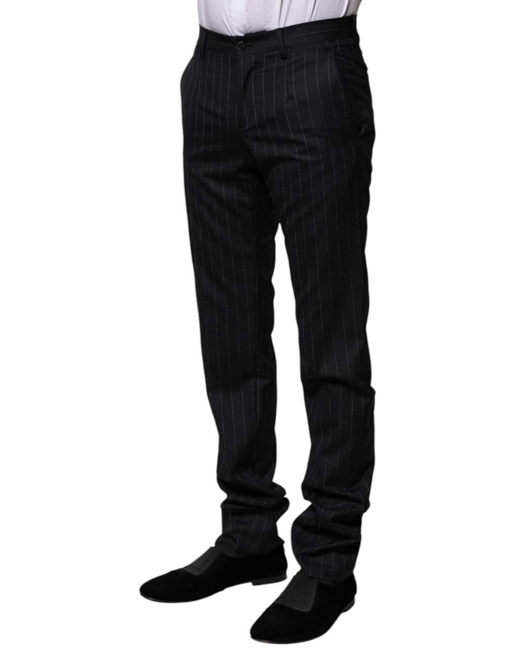 Pantalon formel en laine noire à rayures de Dolce & Gabbana, élégant et sophistiqué, visible en détail dans l'image.