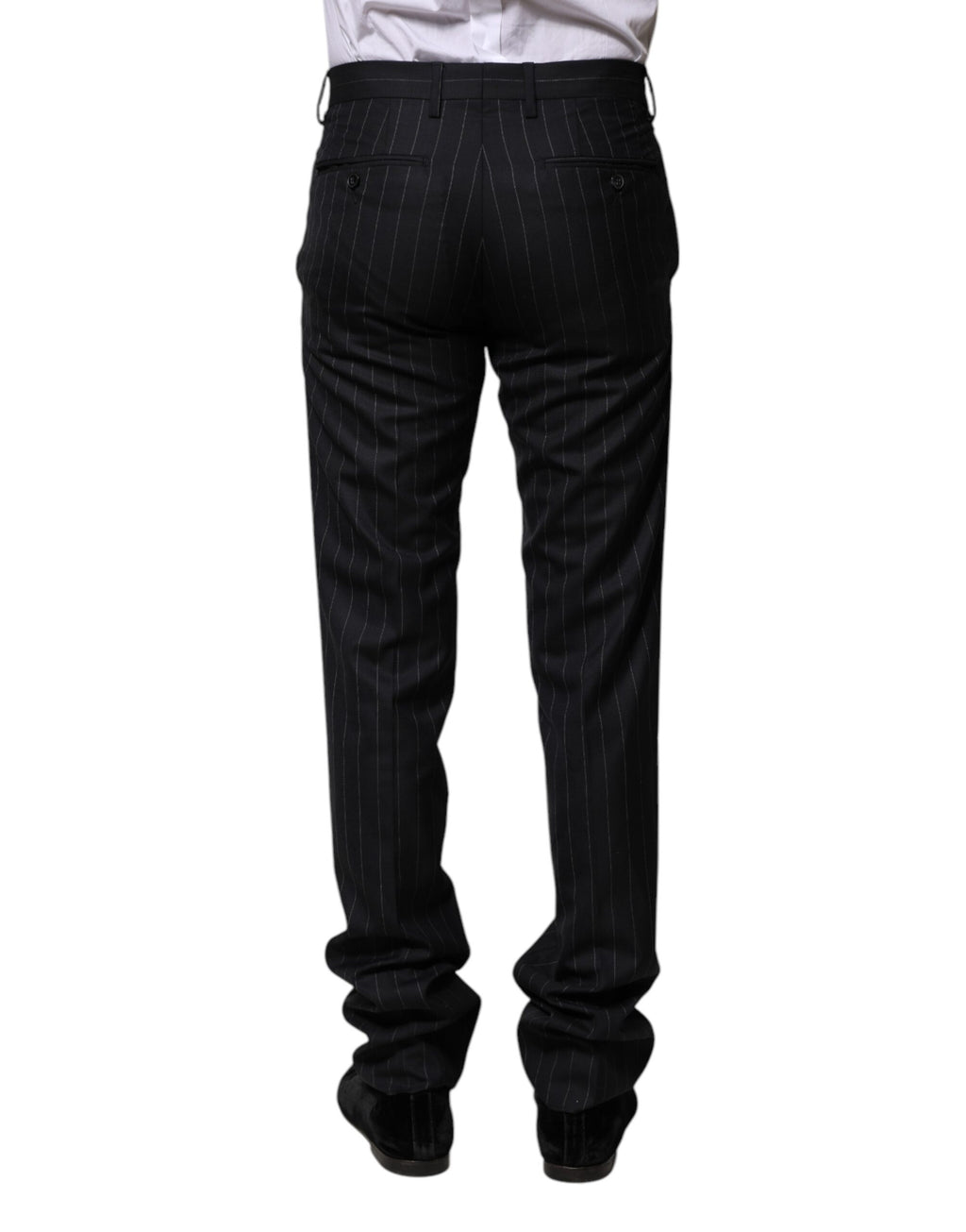 Pantalon formel en laine noire à rayures Dolce & Gabbana, élégant et sophistiqué, visible avec ceinture et coupe ajustée.