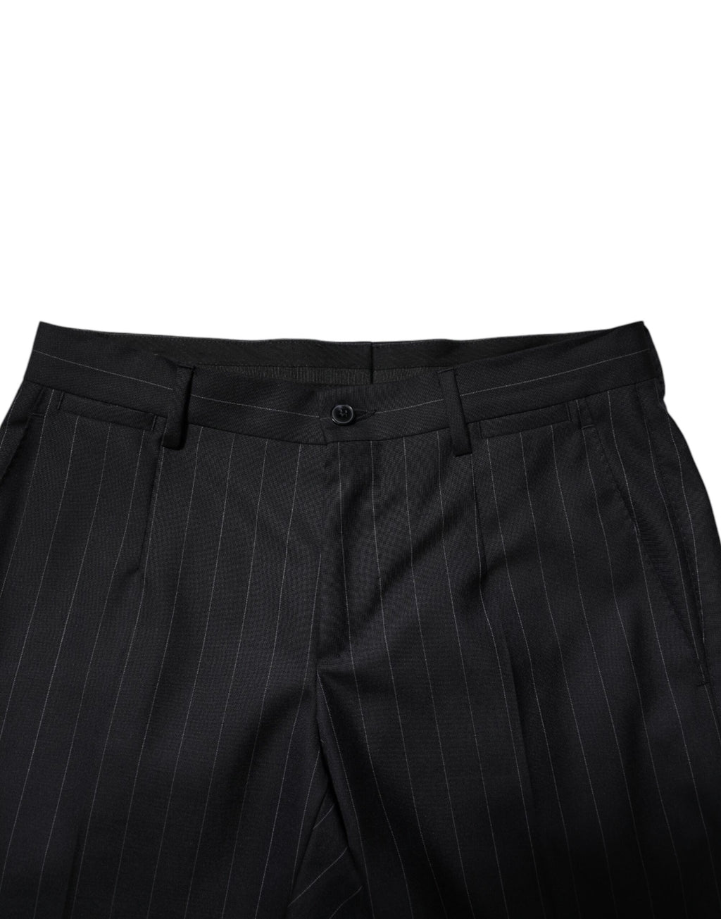 Pantalon formel en laine noire à rayures de Dolce & Gabbana, style élégant et sophistiqué pour hommes.
