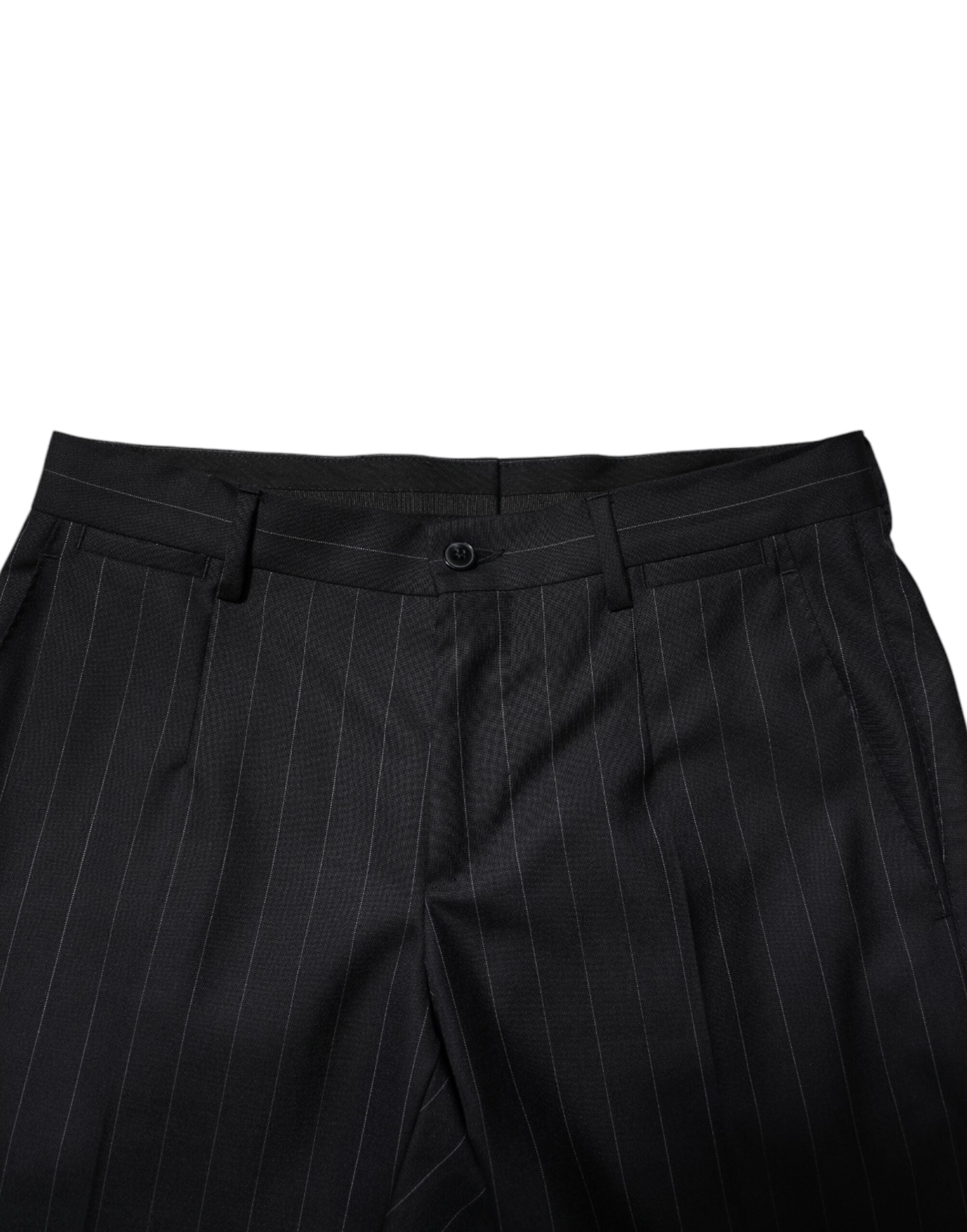 Pantalon formel en laine noire à rayures de Dolce & Gabbana, style élégant et sophistiqué pour hommes.