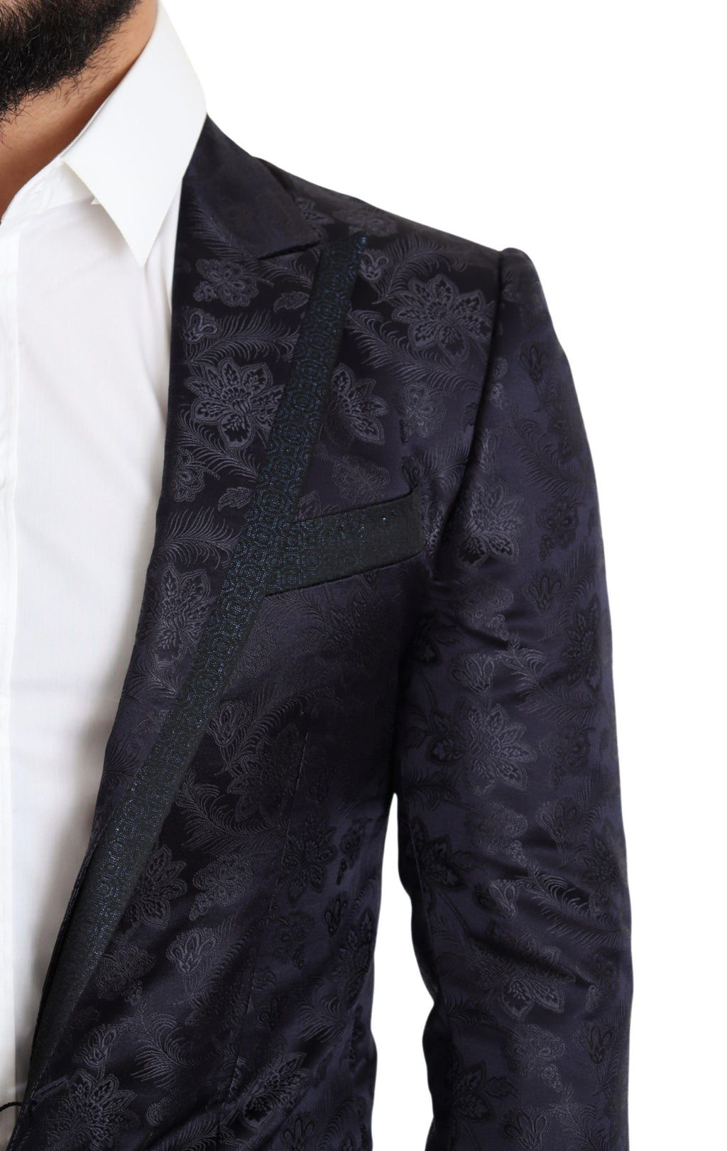 Manteau en jacquard de soie à fleurs bleues de Dolce & Gabbana, style blazer Martini, élégant et sophistiqué.