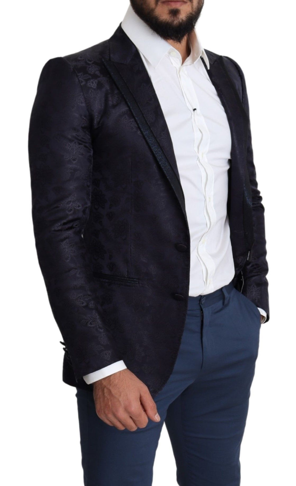 Manteau en jacquard de soie à fleurs bleues Dolce & Gabbana Martini Blazer, détails élégants et texture raffinée.