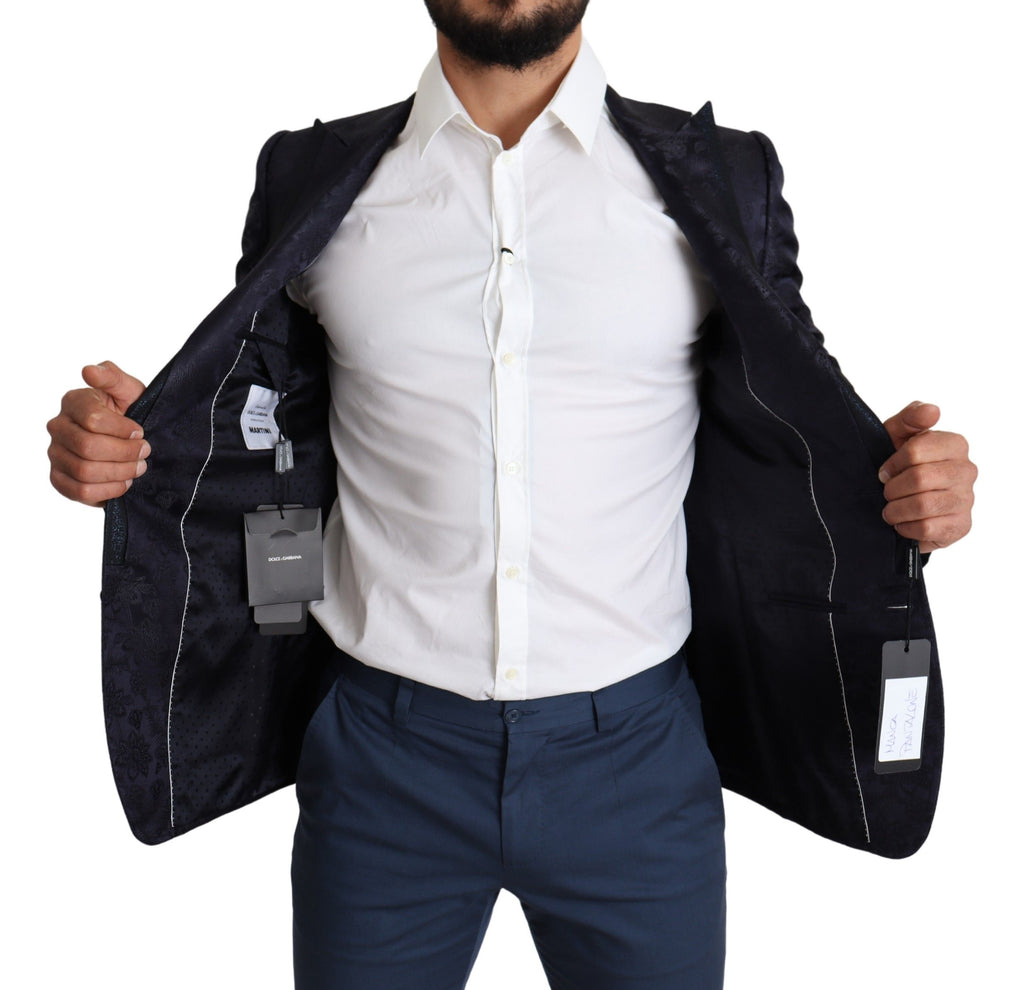 Manteau en jacquard de soie à fleurs bleues Dolce & Gabbana Martini blazer, détail du motif floral et de la texture luxueuse