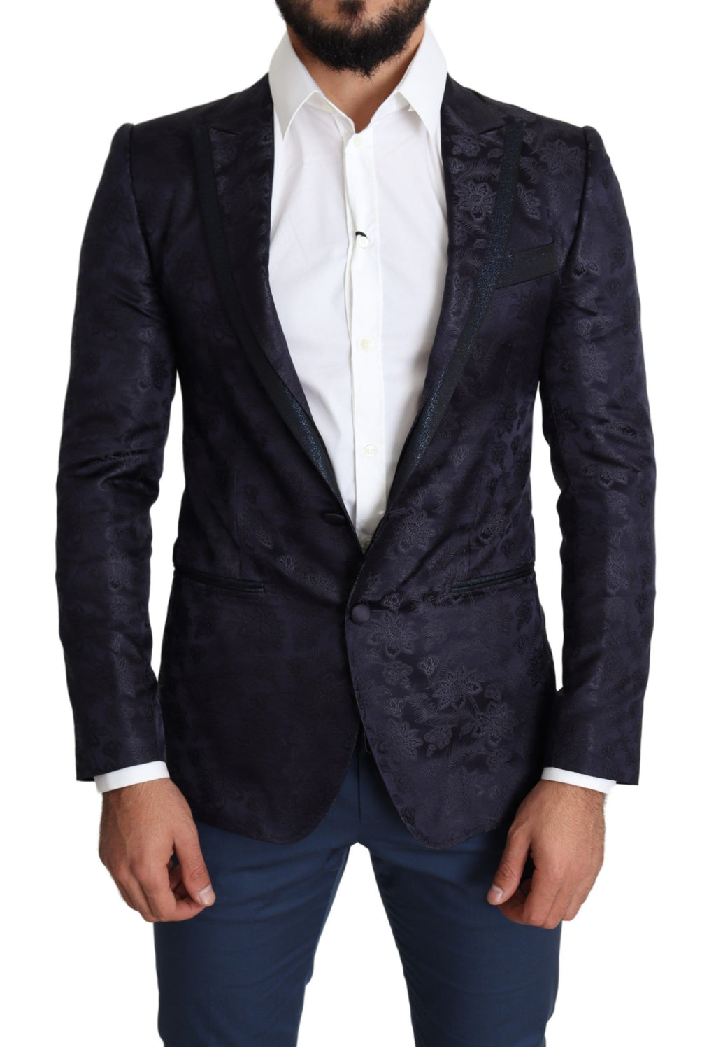 Manteau en jacquard de soie bleue à fleurs Dolce & Gabbana, blazer Martini avec détails élégants et couture raffinée.